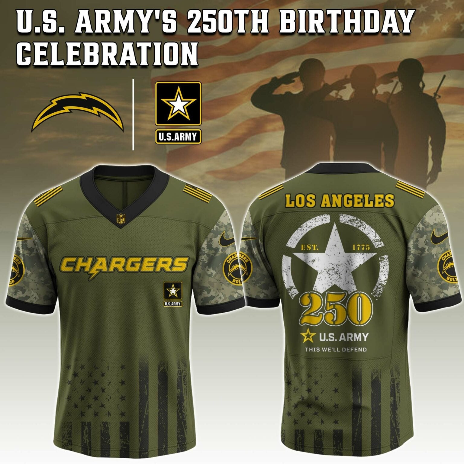 Los Angeles Chargers NFL x 250 US ARMY Jersey Presents For Football Lovers