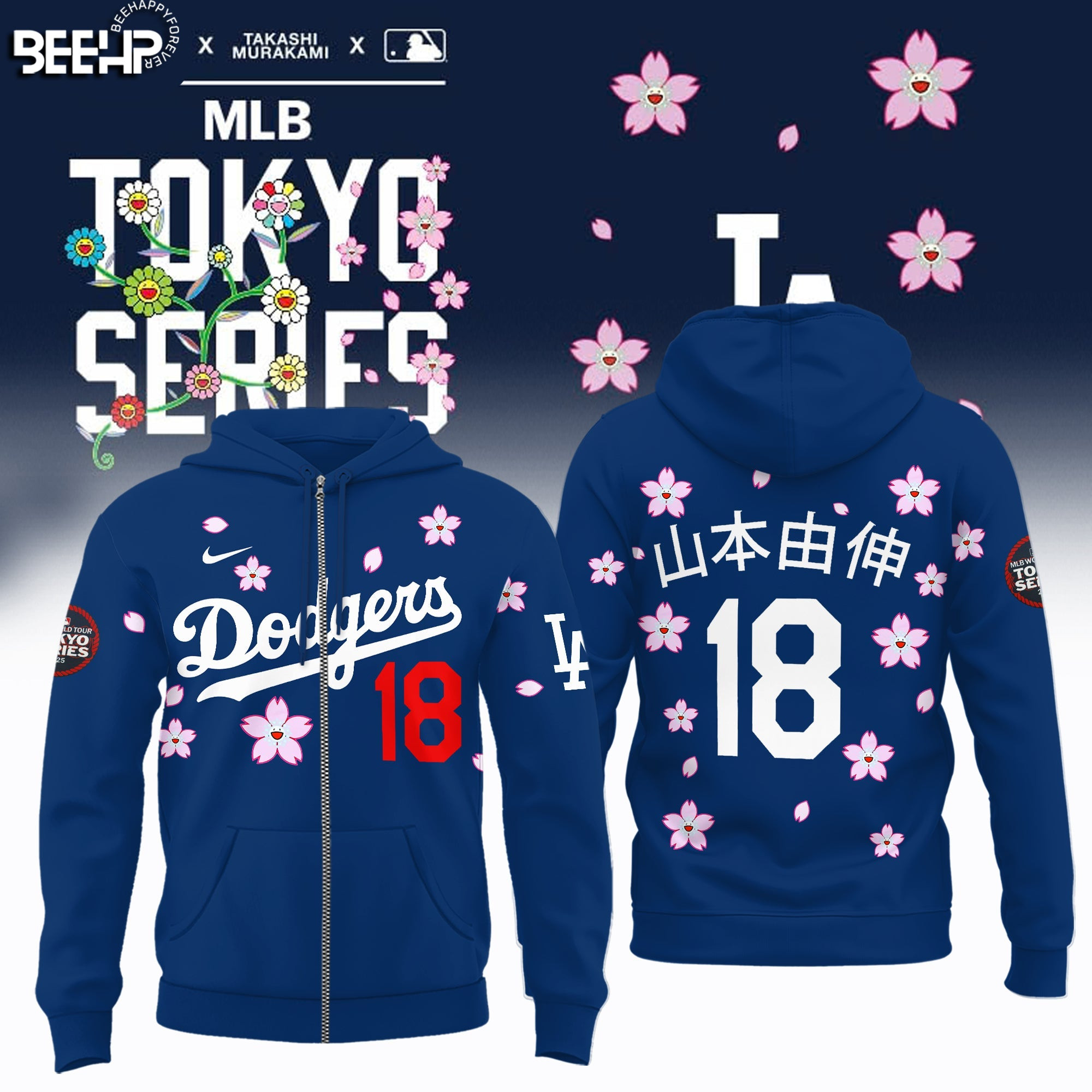 Los Angeles Dodgers 18 Takashi Murakami Tokyo Series Zip Hoodie Cool Baseball Gifts