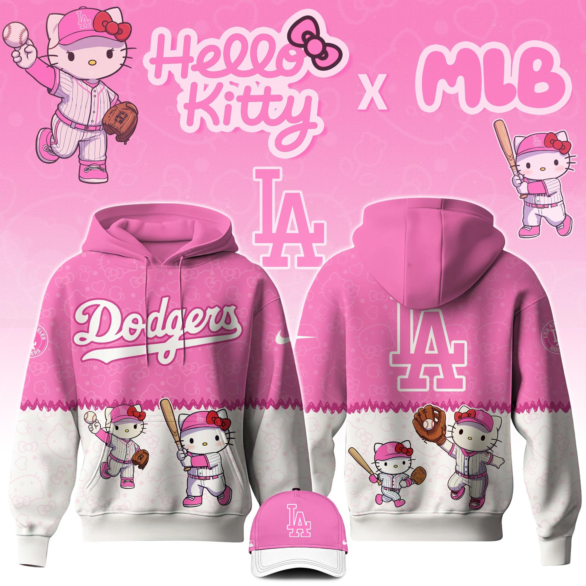 Los Angeles Dodgers MLB Hello Kitty Night Game Hoodie And Hat Dodgers Fan Gifts For Her