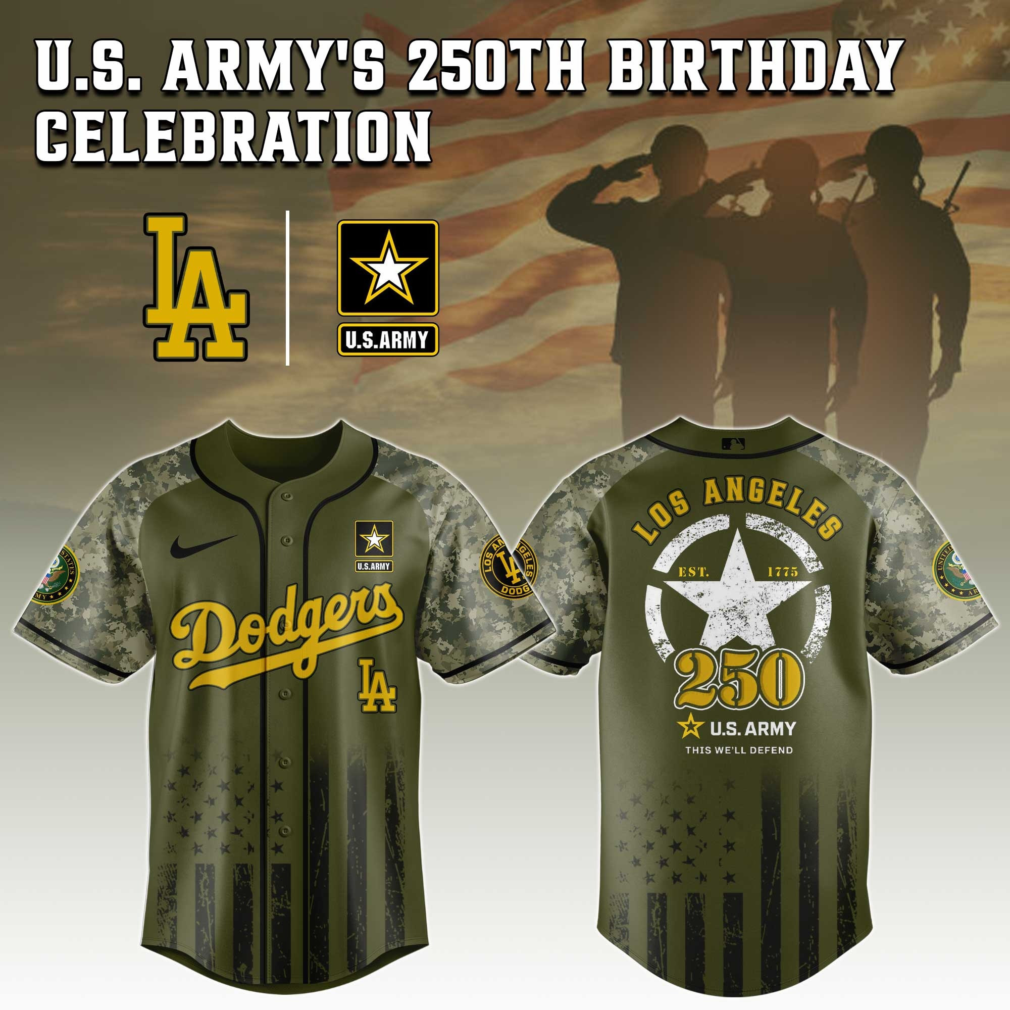 Los Angeles Dodgers MLB x US ARMY'S 250th Birthday Jersey Unique Gifts For Baseball Fans