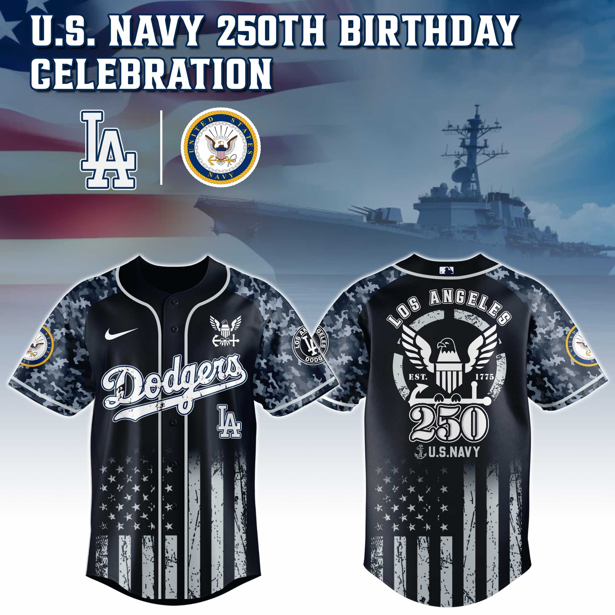 Los Angeles Dodgers MLB x US NAVY 250th Birthday Jersey Baseball Player Gift Ideas