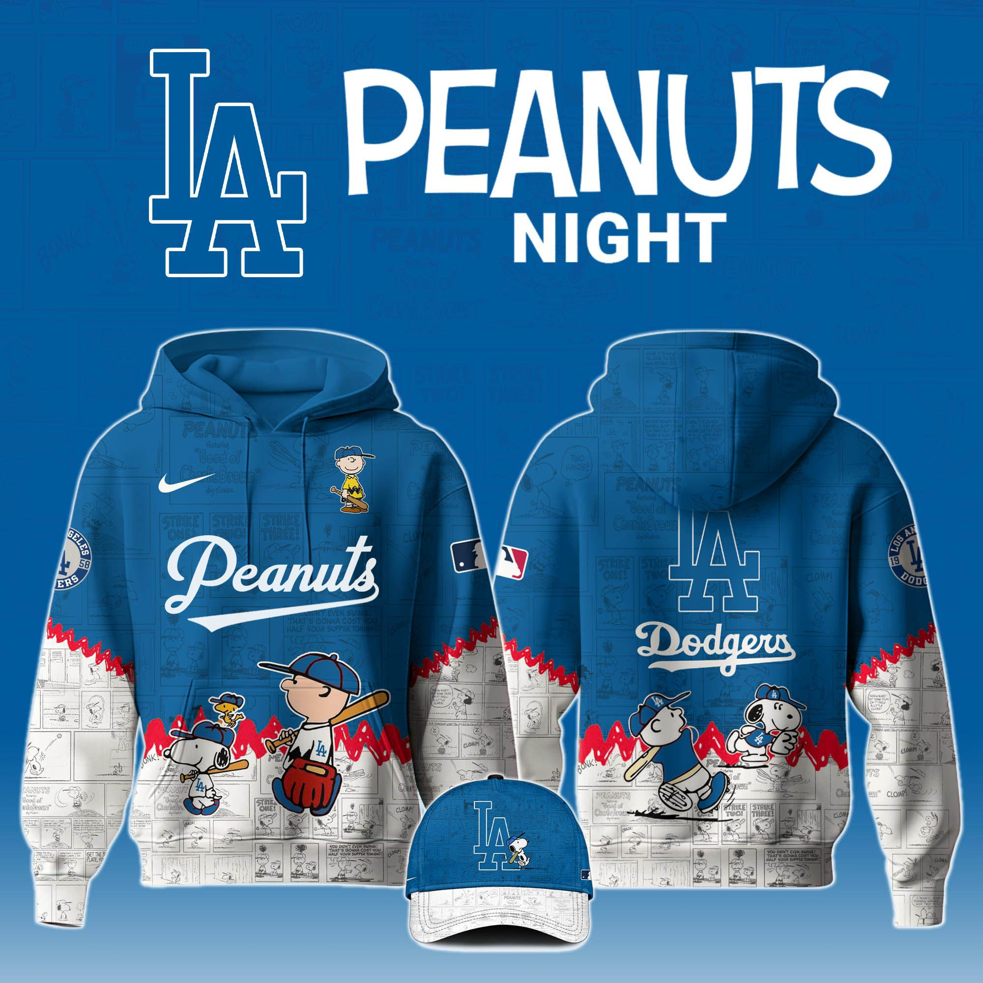 Los Angeles Dodgers PEANUTS 75th Anniversary Hoodie And Hat LA Dodgers Gifts For Him Her