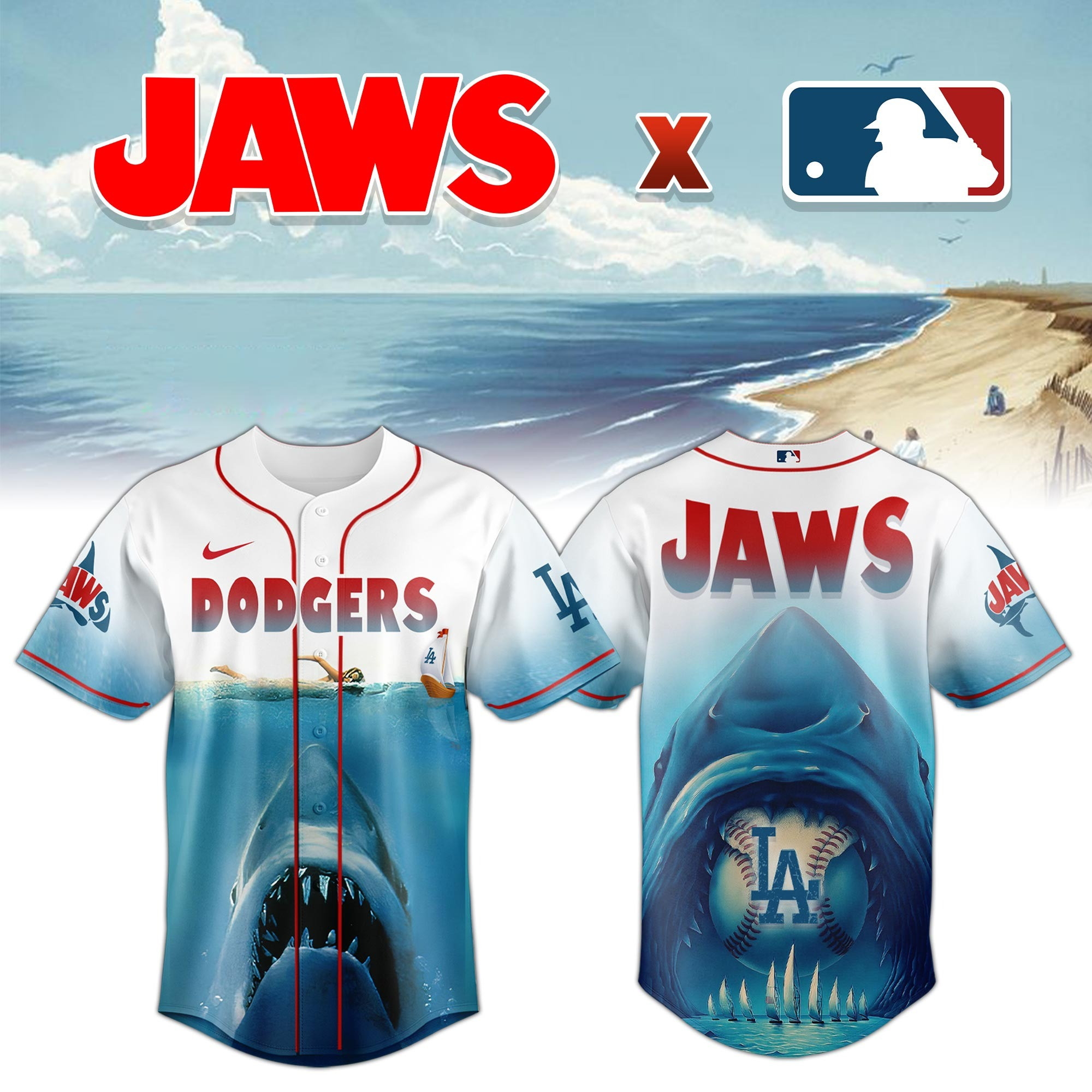 Los Angeles Dodgers x JAWS Jersey MLB Merch Baseball Lovers Themed Gifts For Jaws Fans