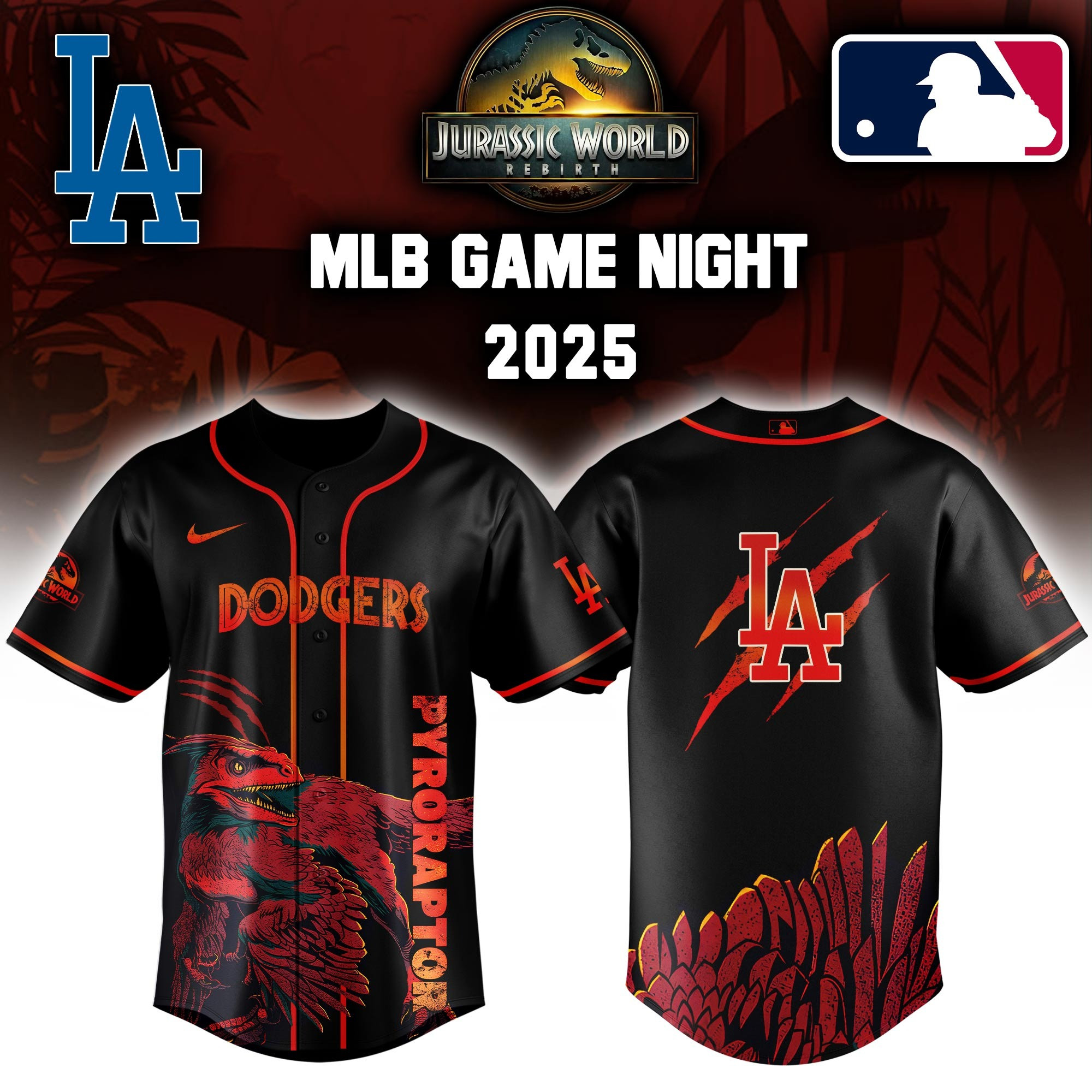Los Angeles Dodgers x Jurassic World Baseball Jersey Best Gifts For Baseball Fans