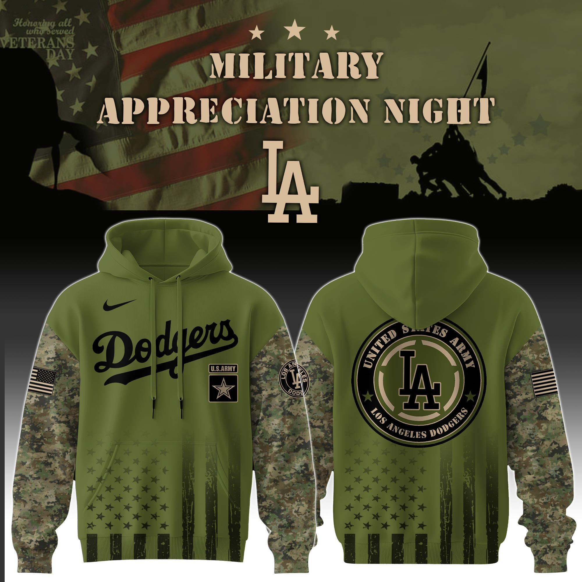 Los Angeles Dodgers x Military Appreciation Night Camo Hoodie Honor Veterans Day Fan Gifts