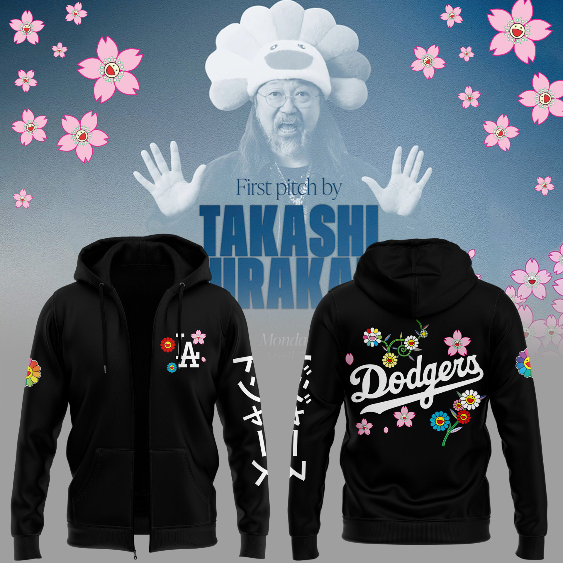 Los Angeles Dodgers x Takashi Murakami Japanese Heritage Night Zip Hoodie Baseball Father's Day Gifts