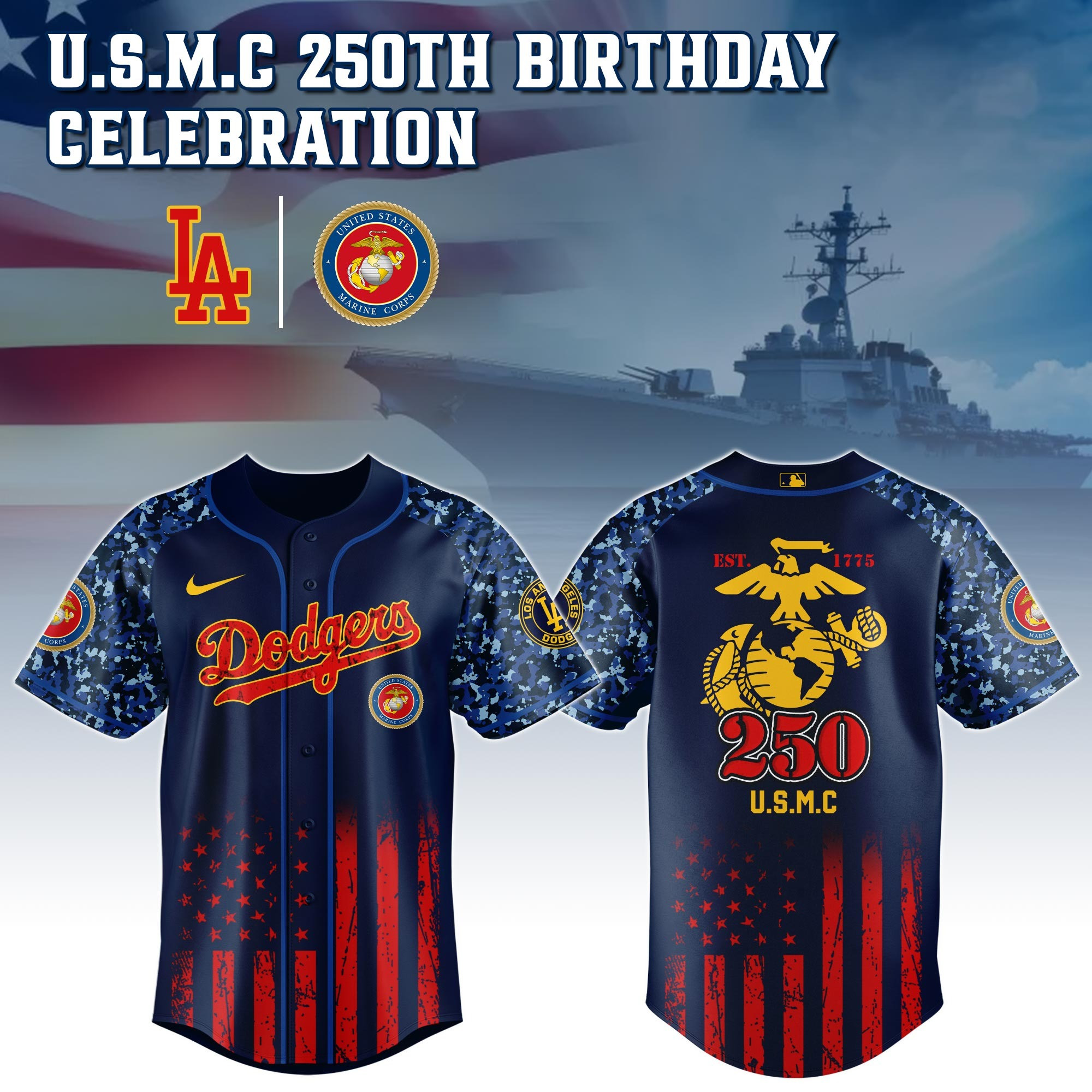 Los Angeles Dodgers x US USMC 250th Birthday Jersey Presents For Baseball Lovers