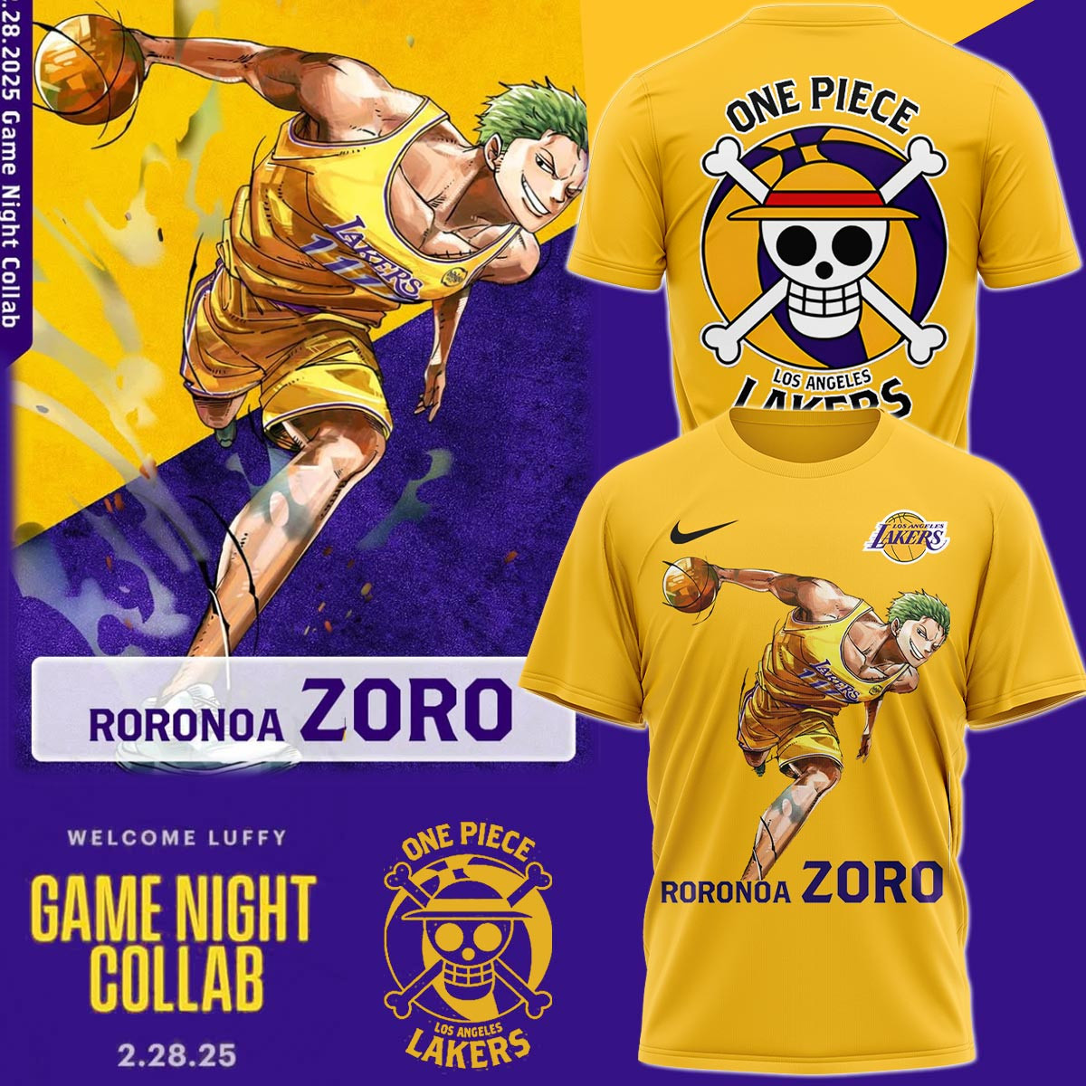 Los Angeles Lakers One Piece Zoro T-Shirt Best Gifts For Basketball Lovers