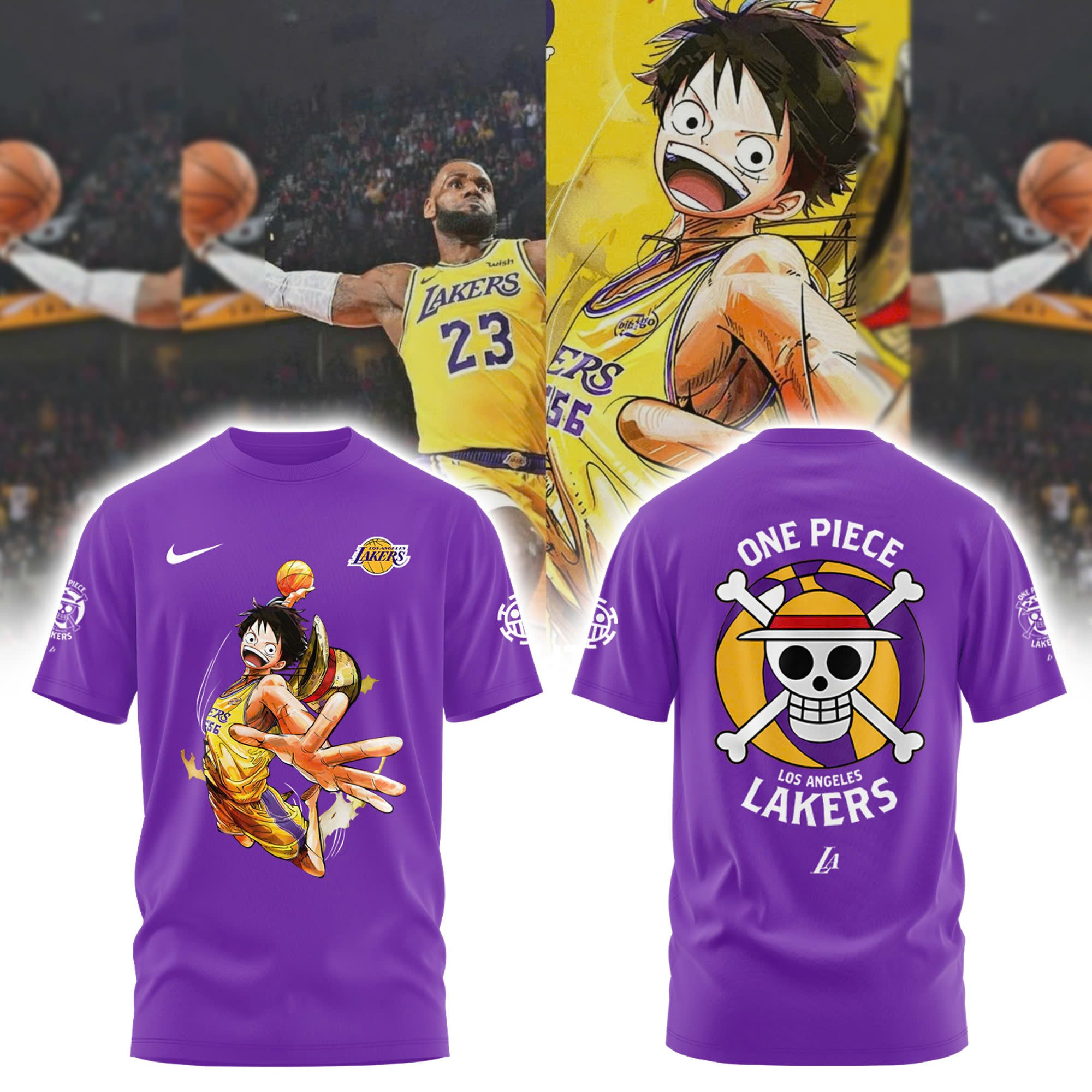 Los Angeles Lakers X One Piece Luffy T-Shirt Cool Gifts For Basketball Lovers