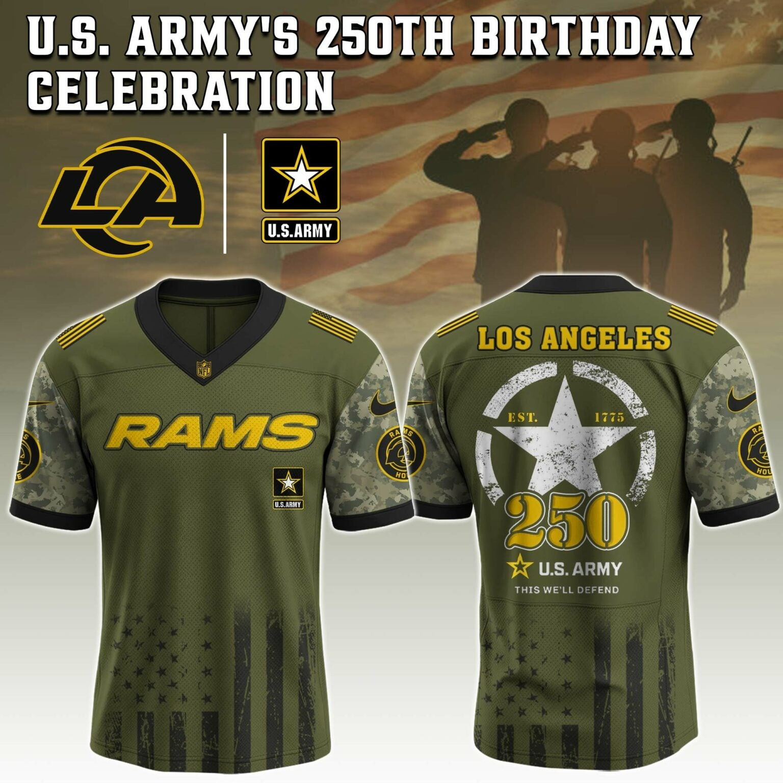 Los Angeles Rams NFL x 250 US ARMY Jersey Football Gifts For Men