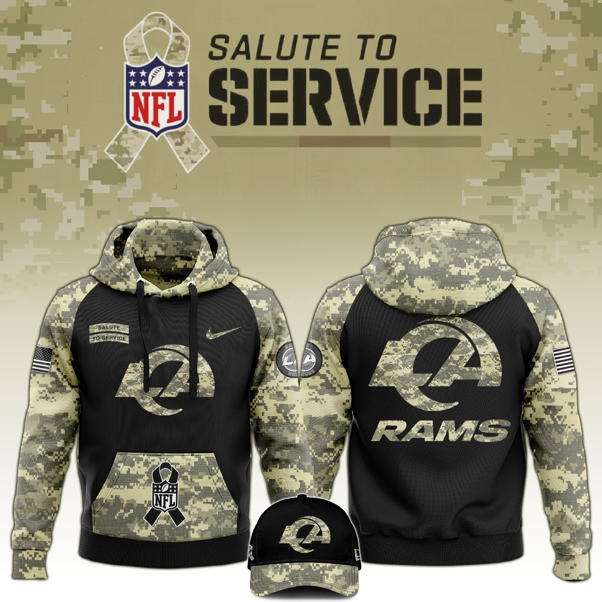 Los Angeles Rams Salute to Service Club Limited Camo Hoodie And Hat Perfect Rams Shirt