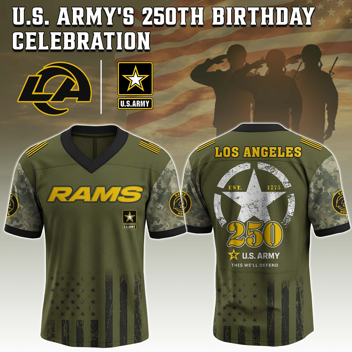 Los Angeles Rams US Army 250th Anniversary Football Jersey V-Neck Gift For Rams Supporters