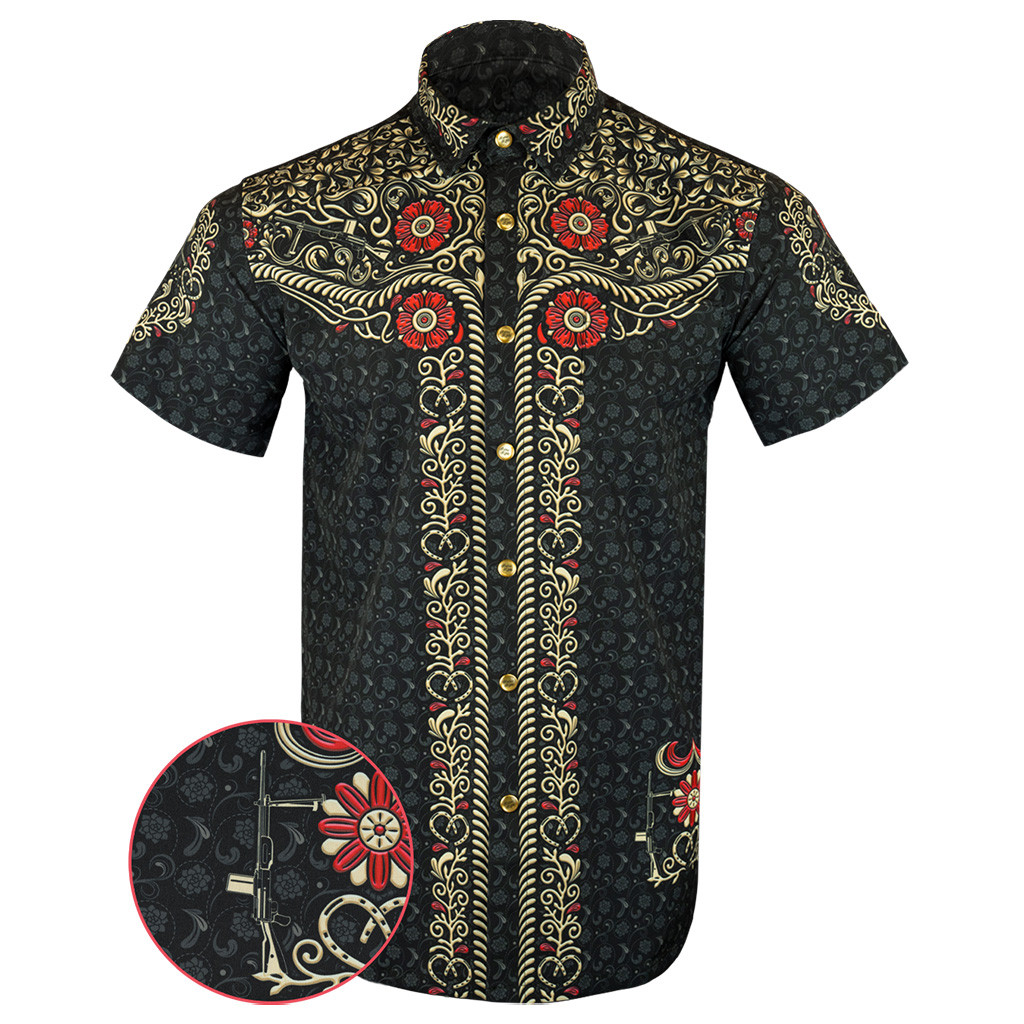 Los Charro Black Button Down Shirt Gun Print Hawaiian Shirt Birthday Gift Ideas For Son