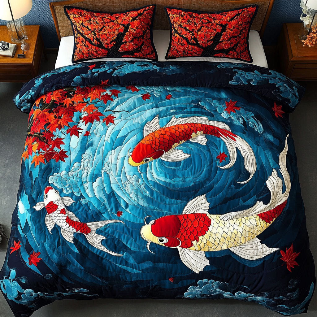 Lotus Dance Quilted Bedding Set Cute Room Decor Koi Fish Merchandise
