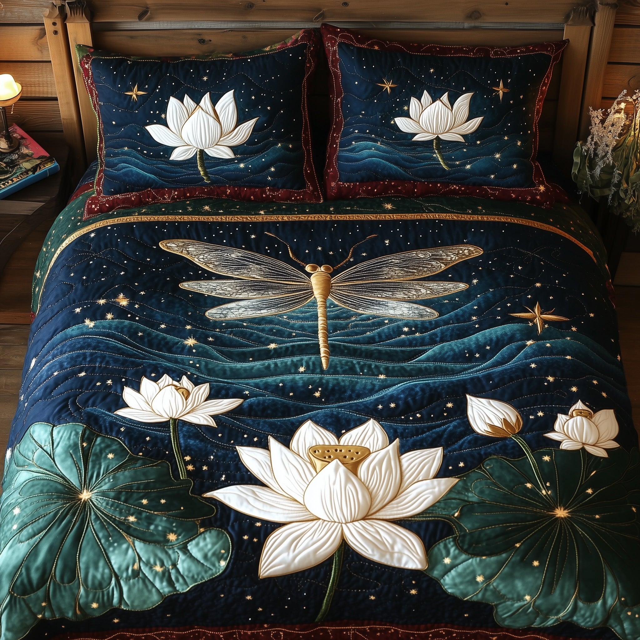 Lotus Dragonfly Quilted Bedding Set Duvet Cover Bedspread Gift For Someone Who Loves Dragonflies
