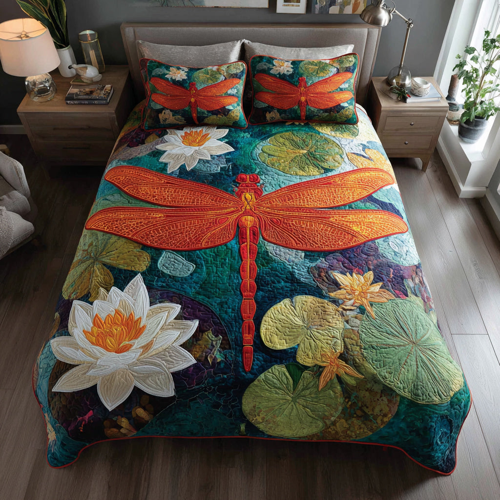 Lotus Dragonfly Quilted Bedding Set Trendy Bedding Merch for Modern Homes