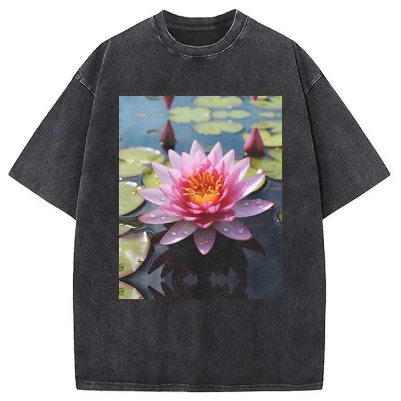 Lotus Flower Print Washed T-Shirt Cool Graphic Tee For Men Women Gifts For BFF