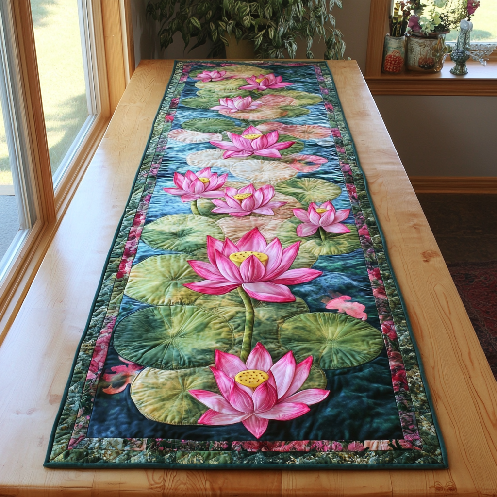 Lotus Garden Quilted Table Runner Holiday Table Throw Christmas Gifts For Flower Lovers