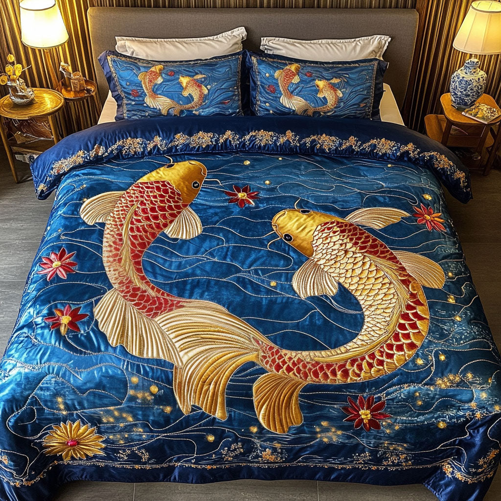 Lotus Harmony Quilted Bedding Set Best Bed Sheet Set Koi Fish Merchandise Gifts