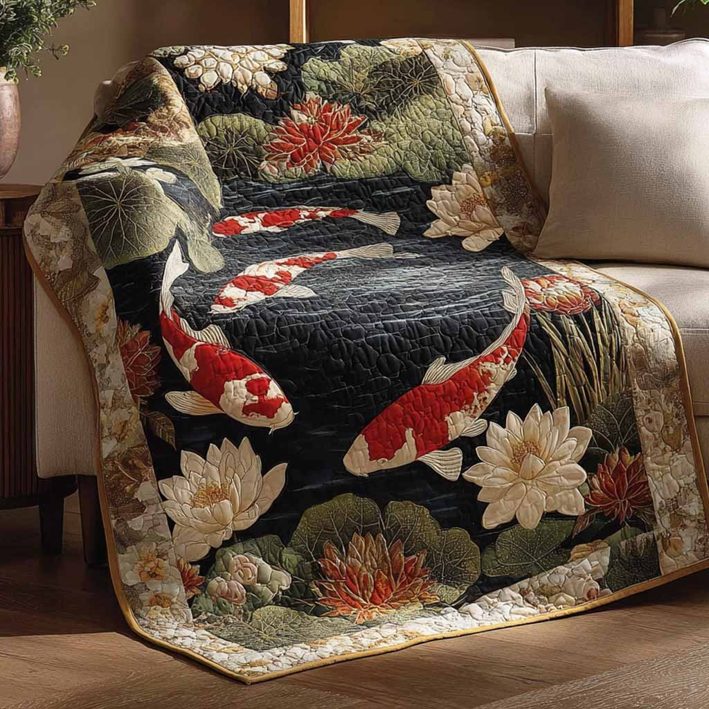 Lotus Koi Pond Quilted Blanket Japanese Art Lily Decor Cozy Gift Ideas For Fish Lover