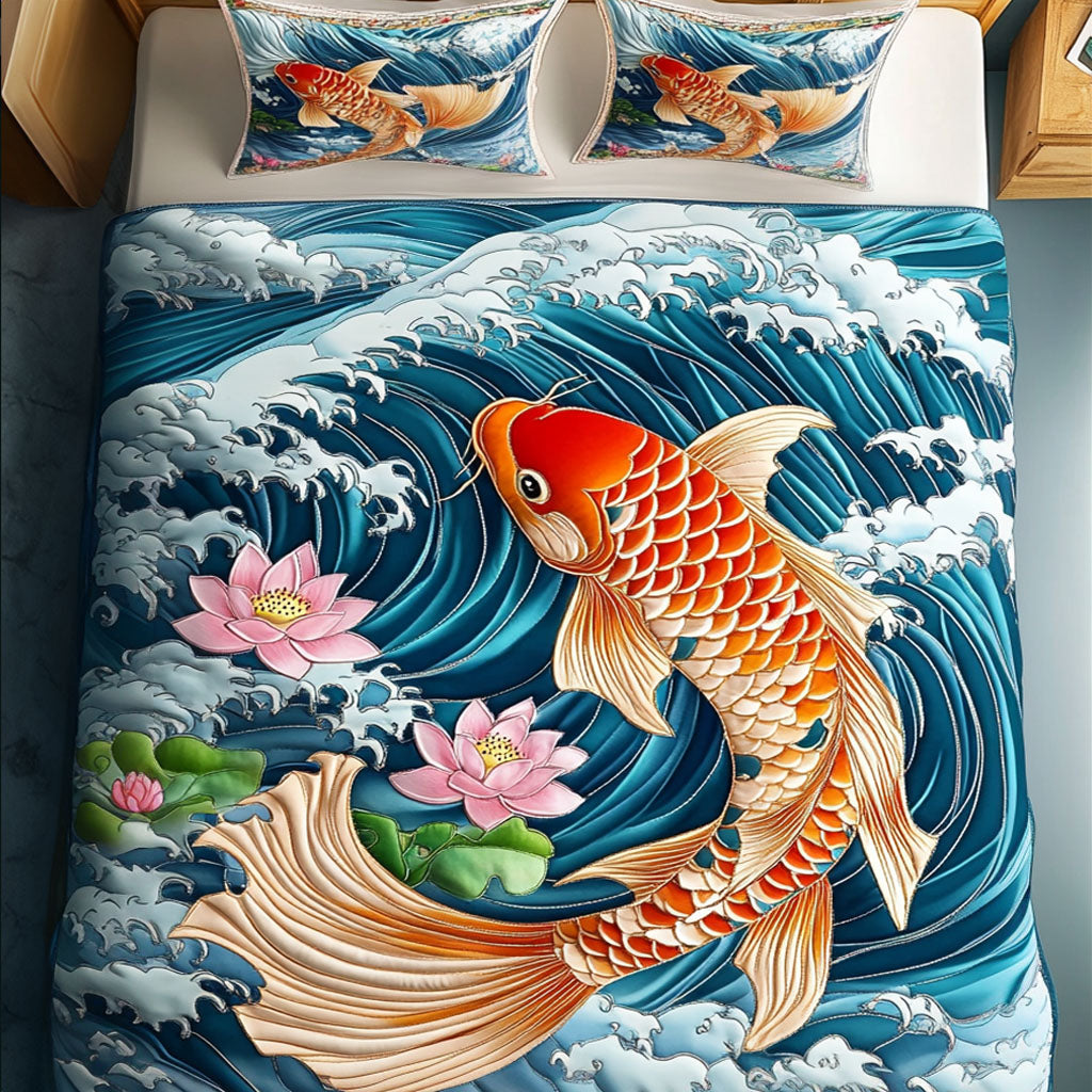 Lotus Waves Quilted Bedding Set Best Bedspread Set Gift For Koi Fish Lovers