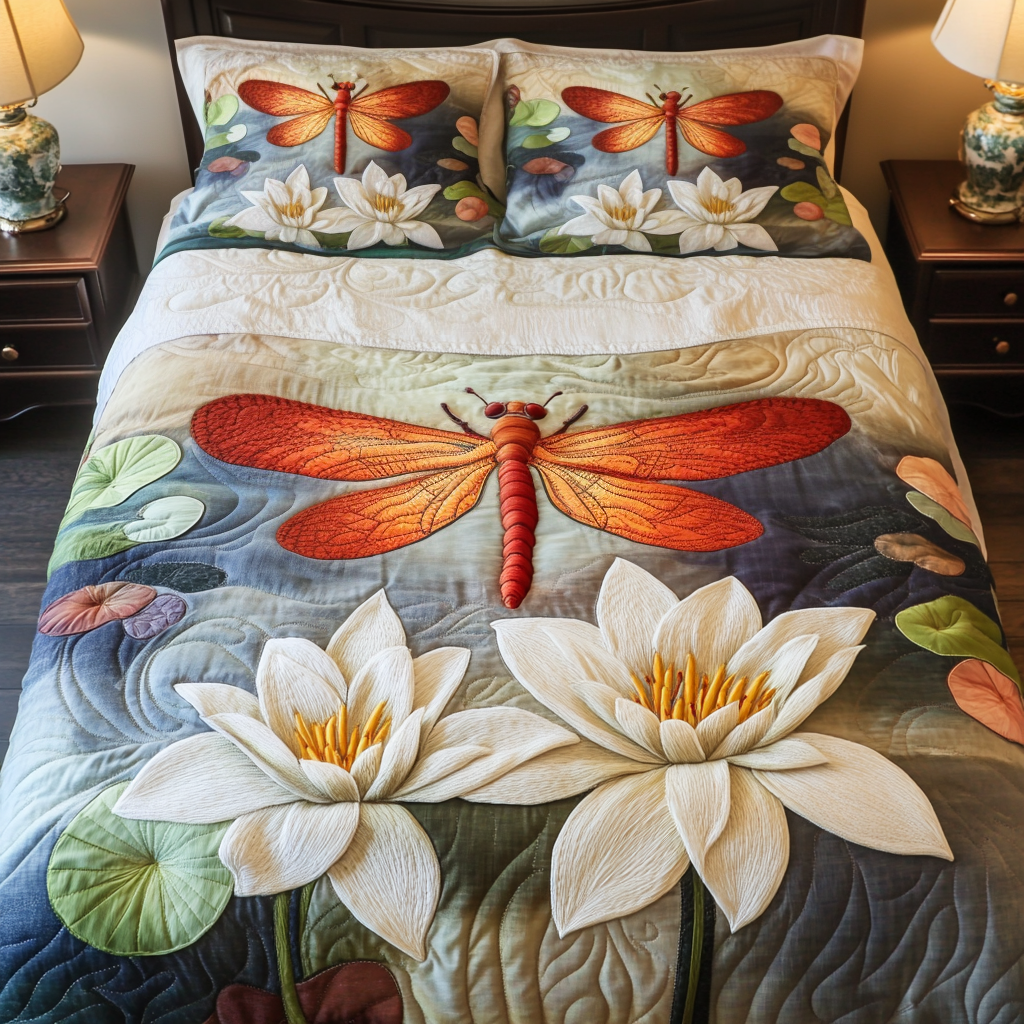 Lotus Wing Quilted Bedding Set Aesthetic Room Decor Novelty Dragonfly Gifts
