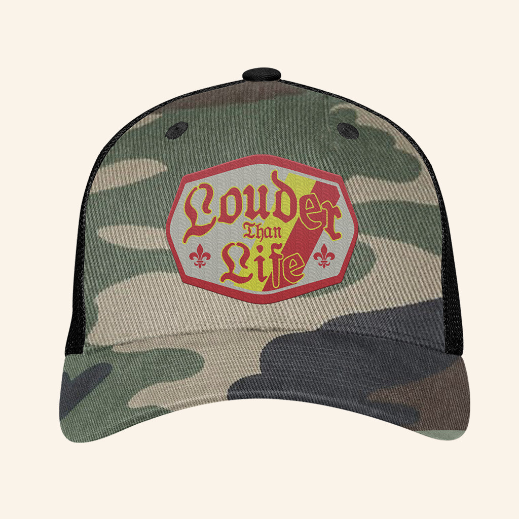 Louder Than Life Merch Logo Embroidered Camo Trucker Hat Gift Ideas For Music Lovers Louder Than Life Merch Logo Embroidered Camo Trucker Hat Gift Ideas For Music Lovers