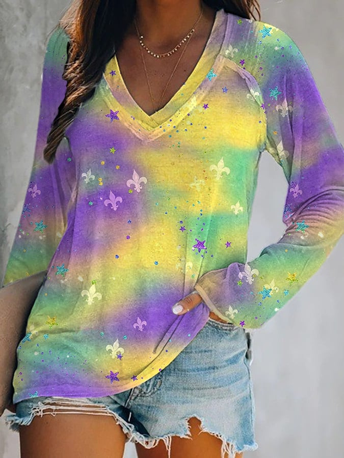 Louisiana Mardi Gras Long Sleeve V-Neck T-Shirt Fleur De Lis Mardi Gras Apparel Women Gifts