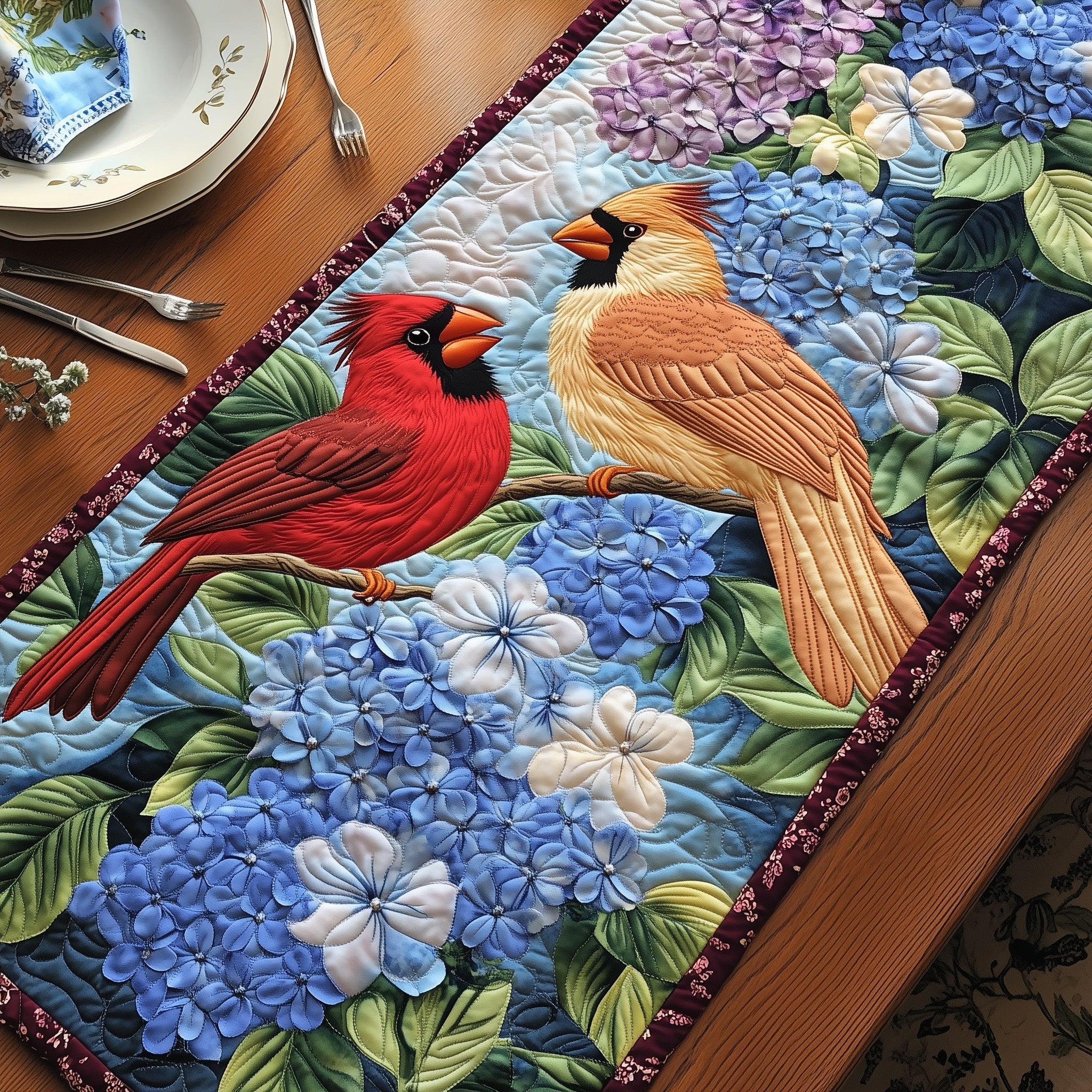 Love Among The Hydrangeas Quilted Table Runner Winter Holiday Table Runner Decor
