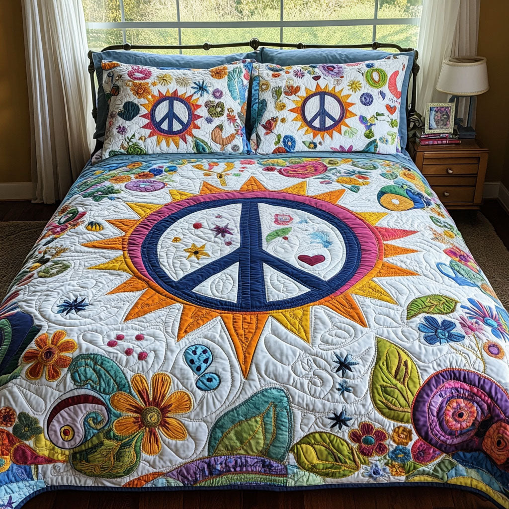 Love and Peace Quilted Bedding Set Bedroom Decorations Cool Gifts For Hippies