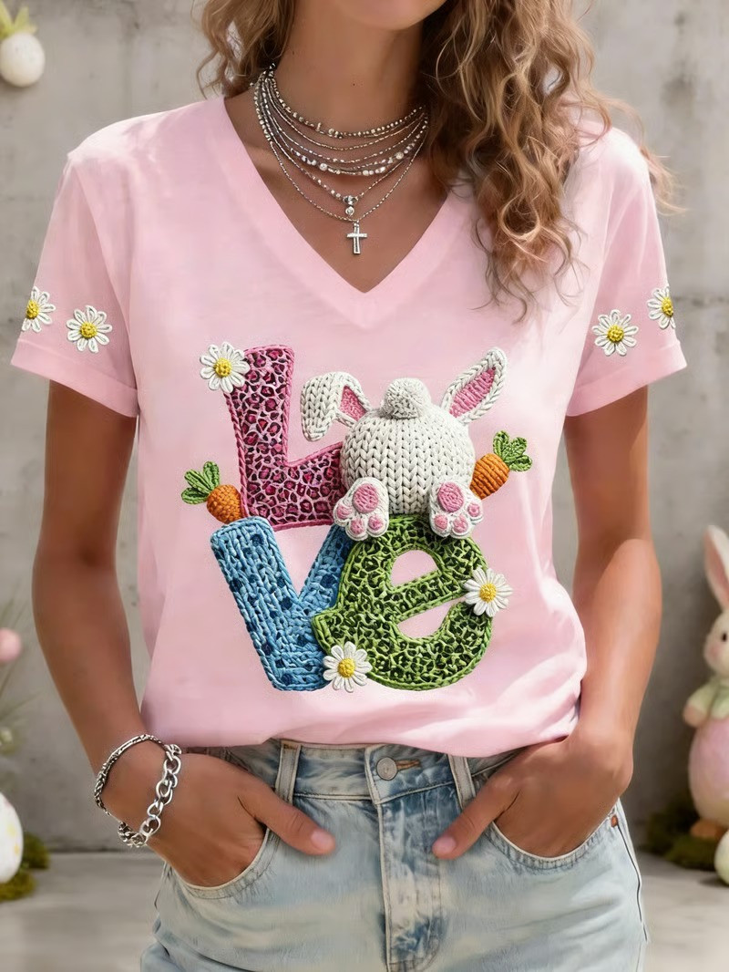 Love Easter Bunny Crochet Daisy V-Neck T-Shirt Carrot Rabbit Fan Tee Best Gift For Easter Bunny Lovers