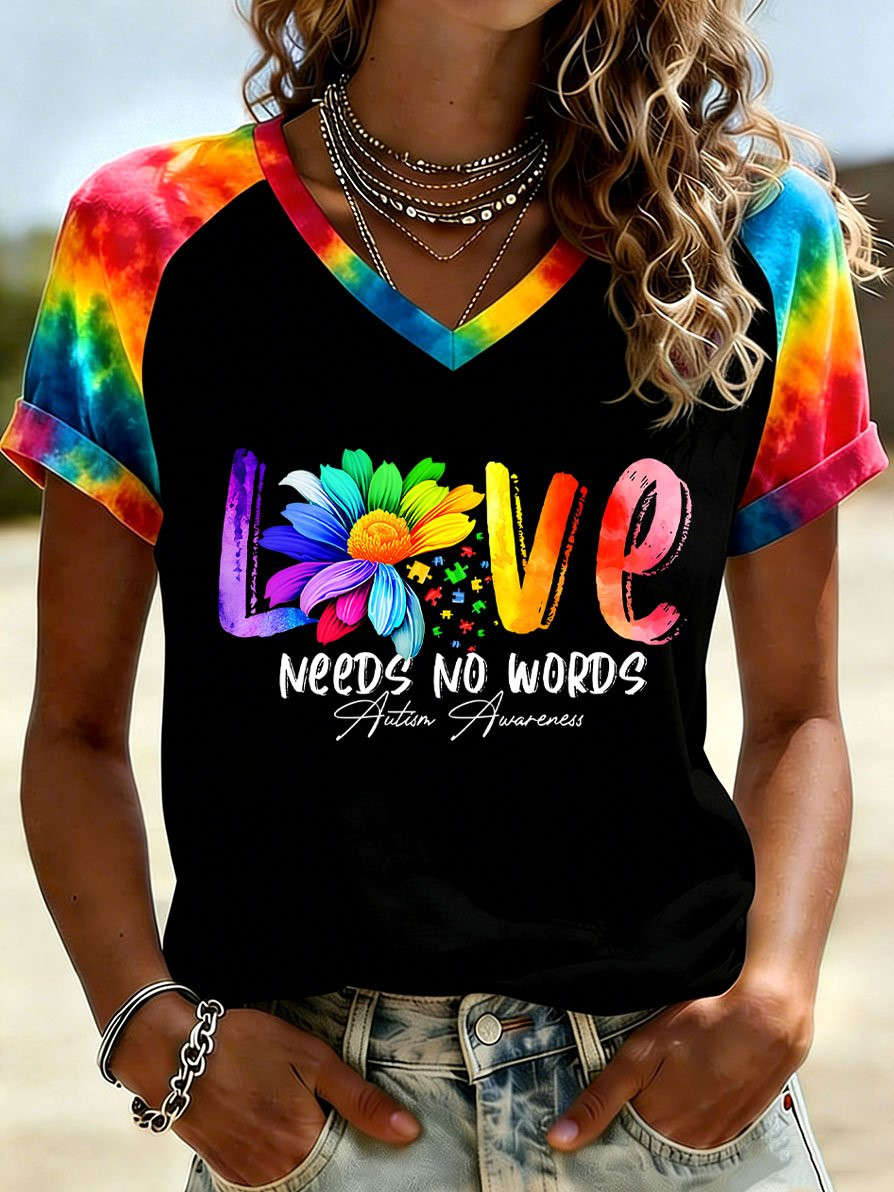 Love Needs No Worlds V-Neck Shirt Autism Awareness Apparel Gift For Autism