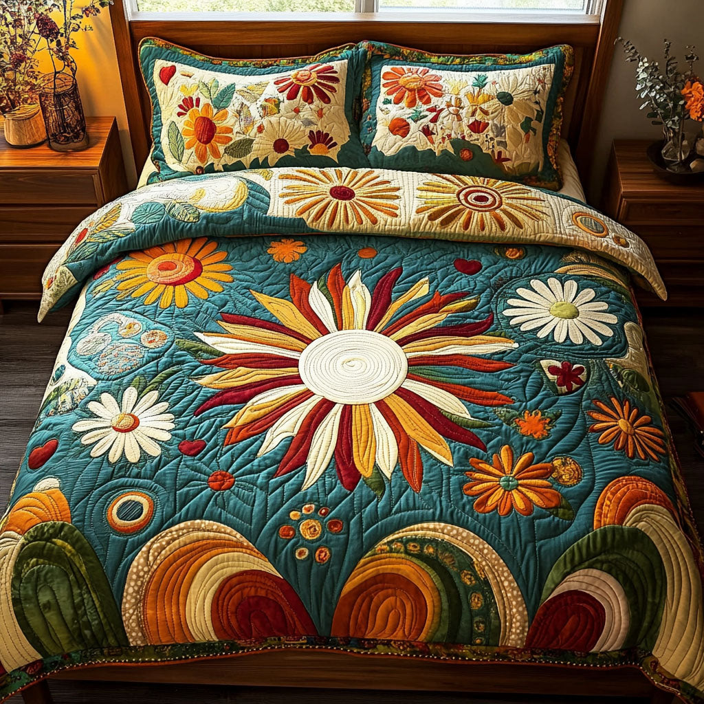 Love Sunburst Quilted Bedding Set Bed Decor Birthday Gift For Hippie Friend