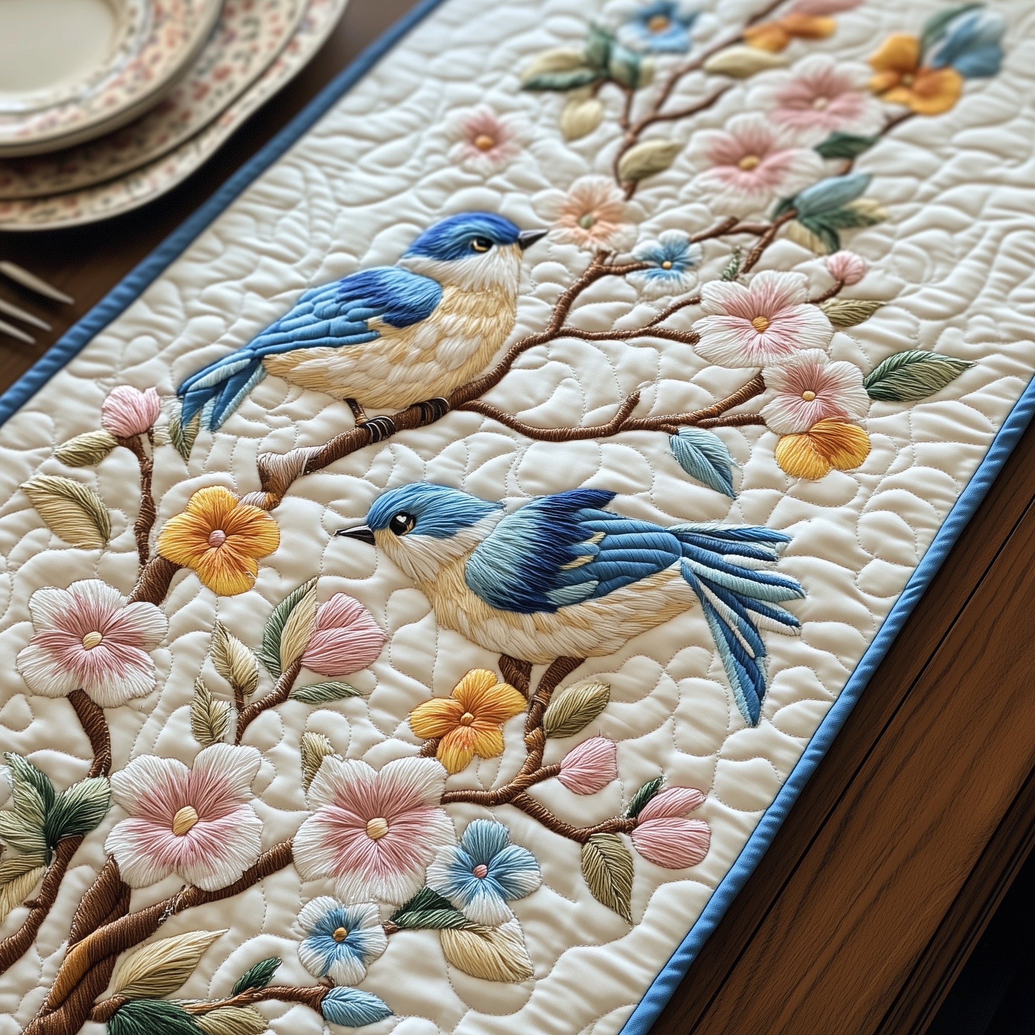 Lovebirds In Blossom Quilted Table Runner Christmas Table Runner for Family Meals