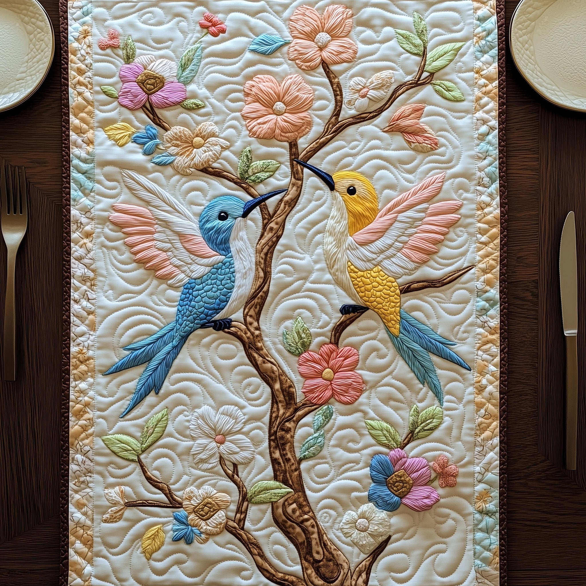 Lovebirds In Blossom Quilted Table Runner Holiday Table Runner for Kitchen Decor