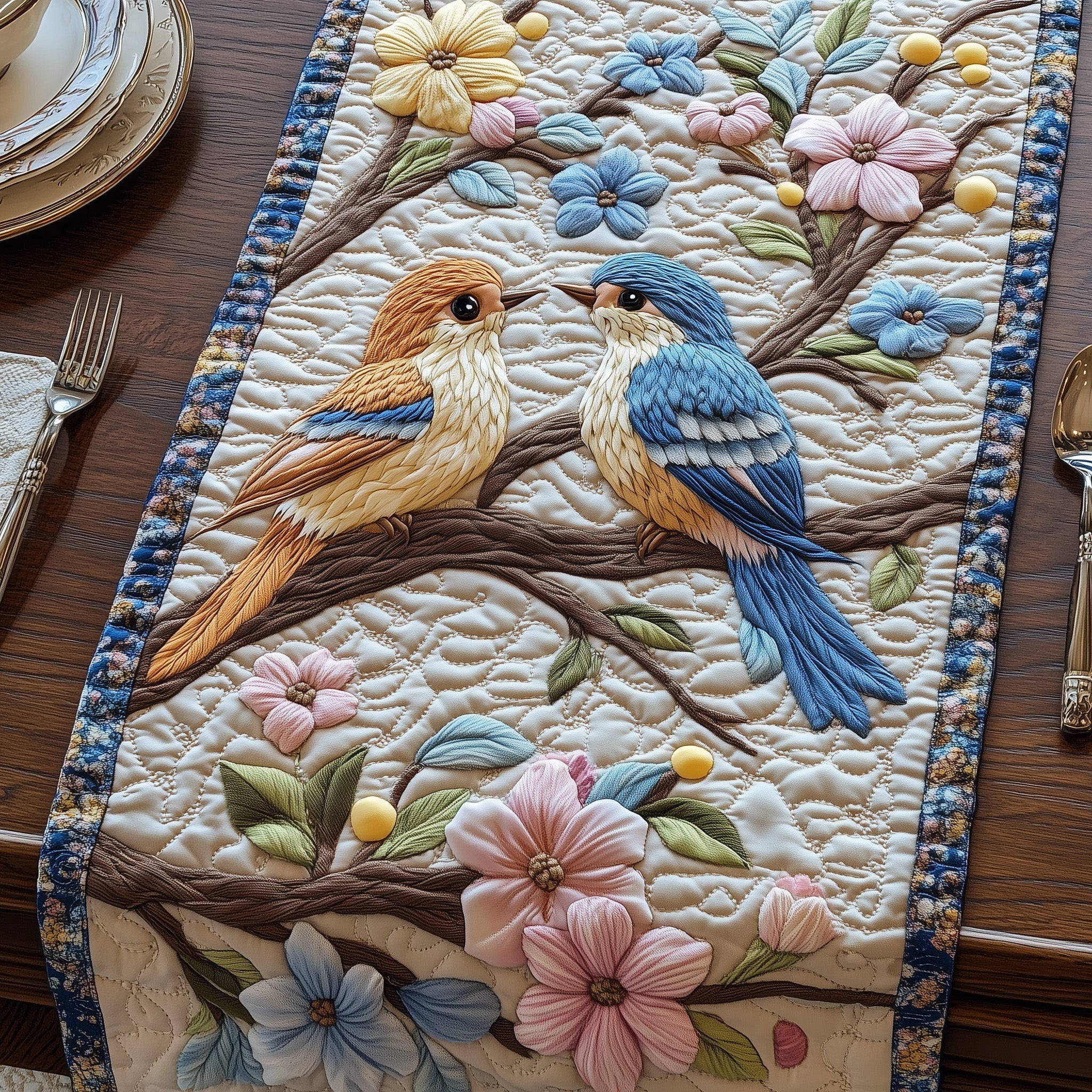 Lovebirds In Blossom Quilted Table Runner Seasonal Table Runner for Holidays