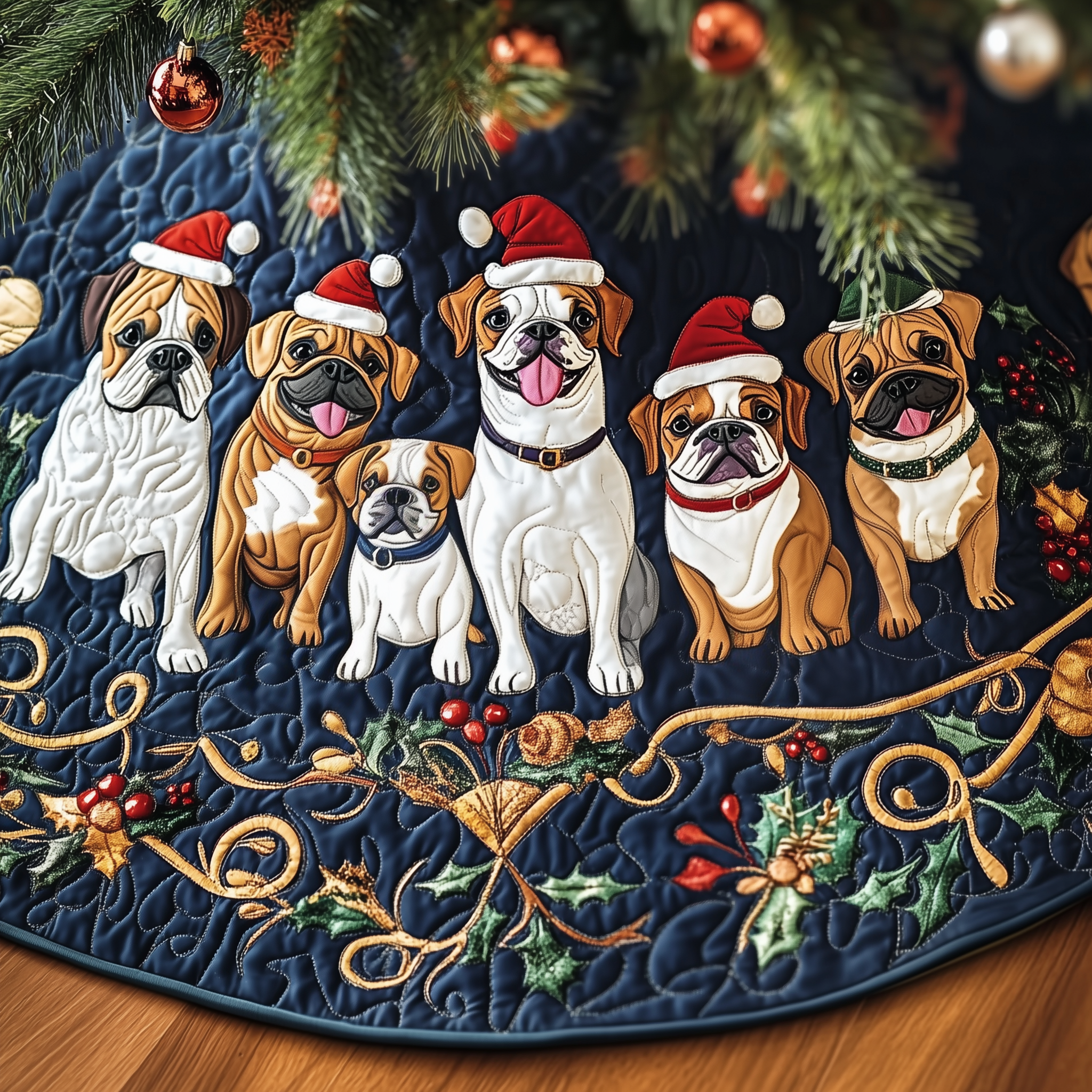 Lovely Bulldog Christmas Tree Skirt Quilted Pet Design Holiday Decoration Gift for Home