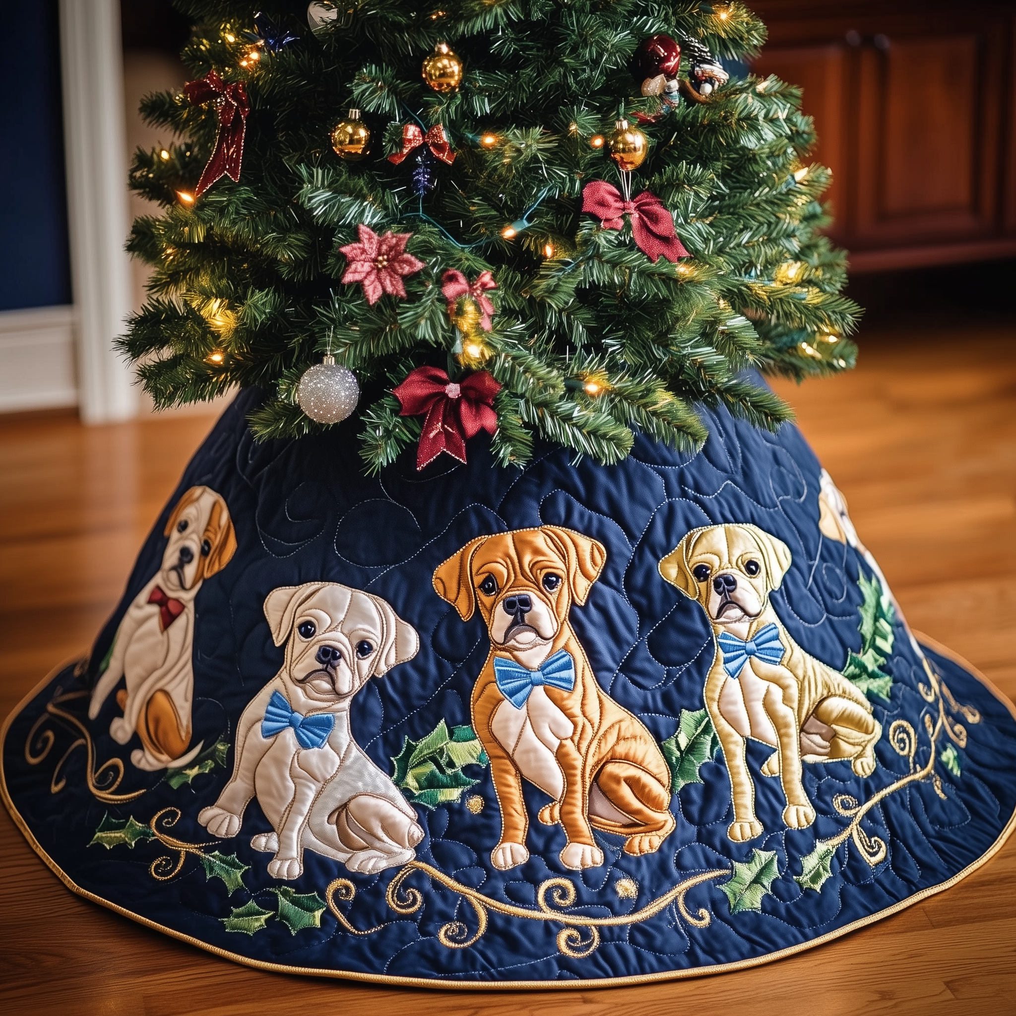 Lovely Bulldog Christmas Tree Skirt Unique Quilted Dog Design Holiday Gift for Family