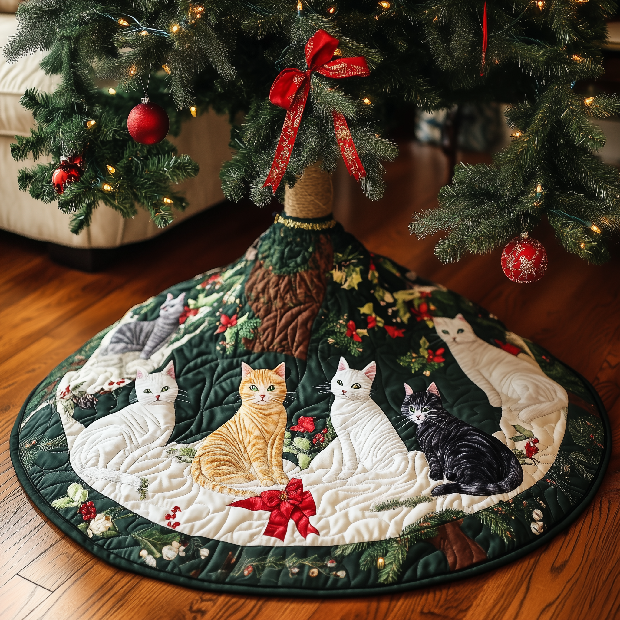 Lovely Cat Design Christmas Tree Skirt Quilted Pet Lover Holiday Decoration Gift Idea