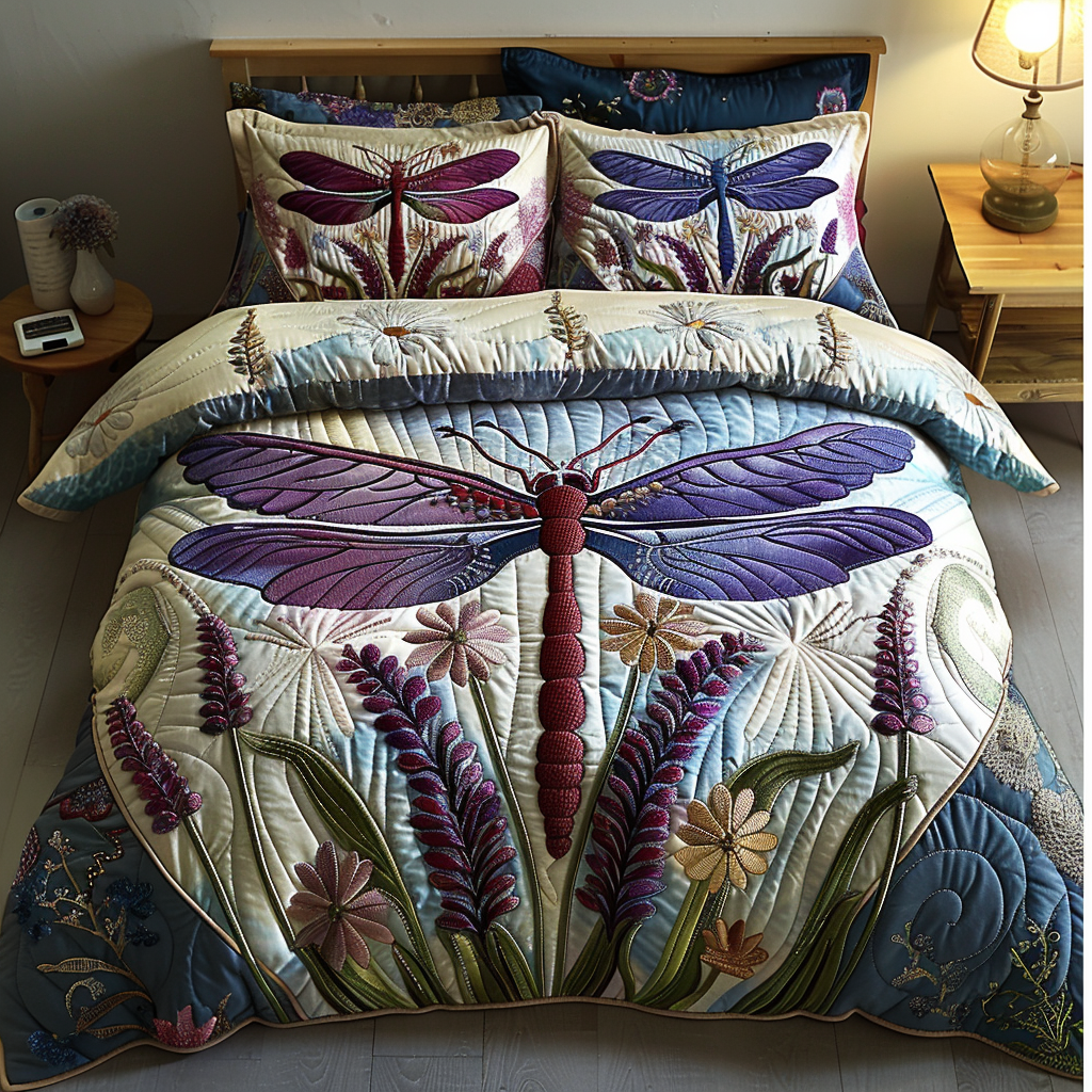 Lovely Dragonfly Quilted Bedding Set Best Comforter Sets Birthday Gifts For Dragonfly Lovers