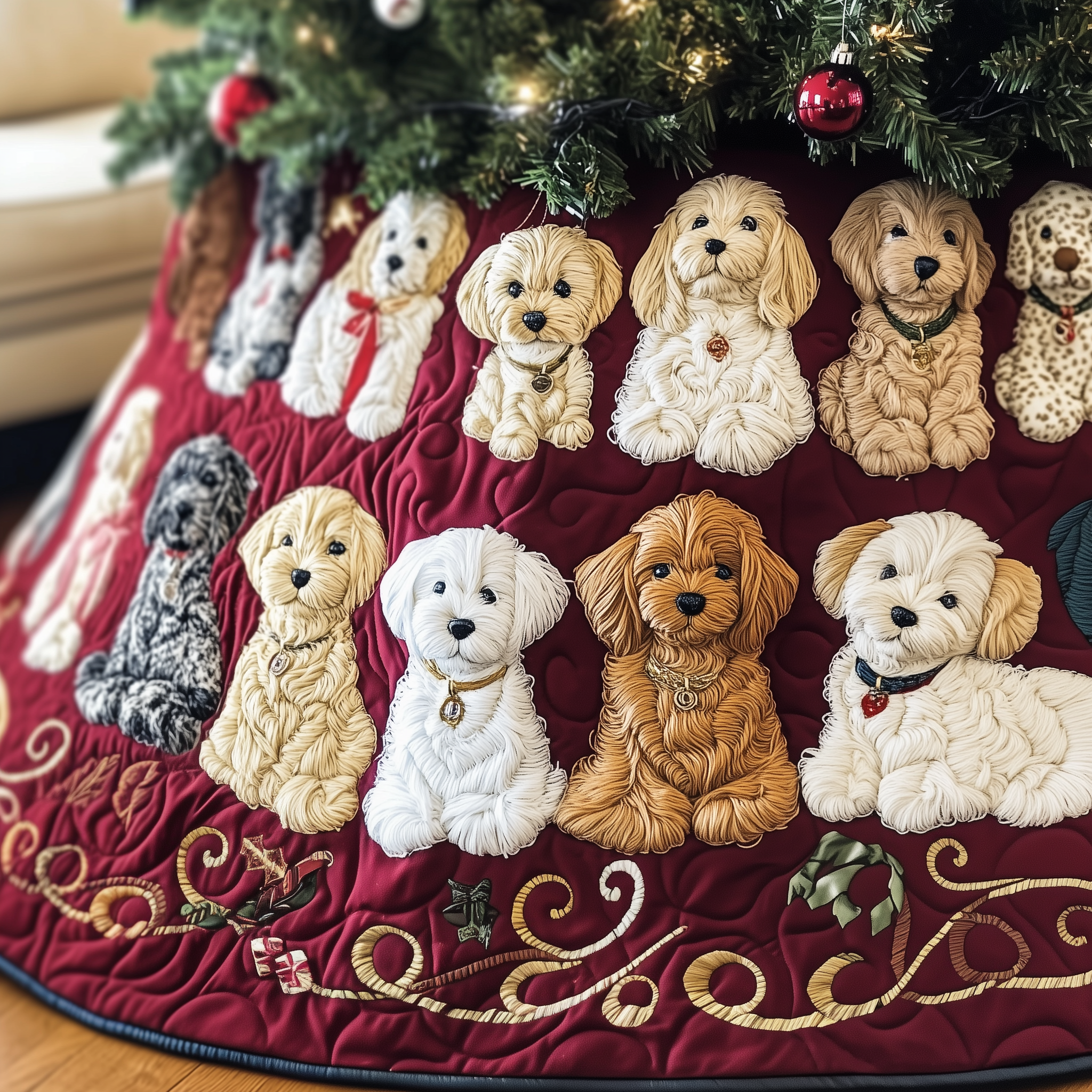 Lovely Golden Retriever Christmas Tree Skirt Quilted Handmade Dog Lover Holiday Decoration Gift