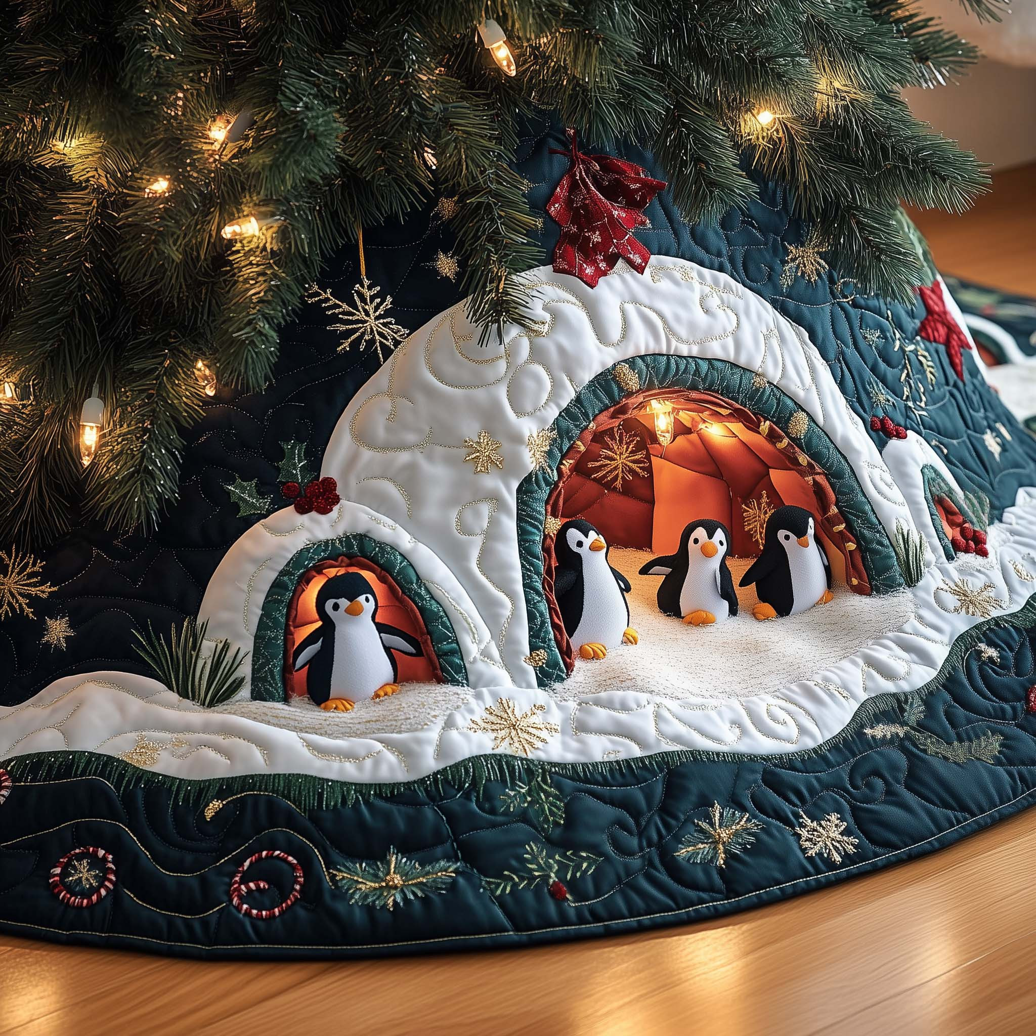 Lovely Penguin Family Quilted Tree Skirt Holiday Home Decor Christmas Gifts For Penguin Lovers
