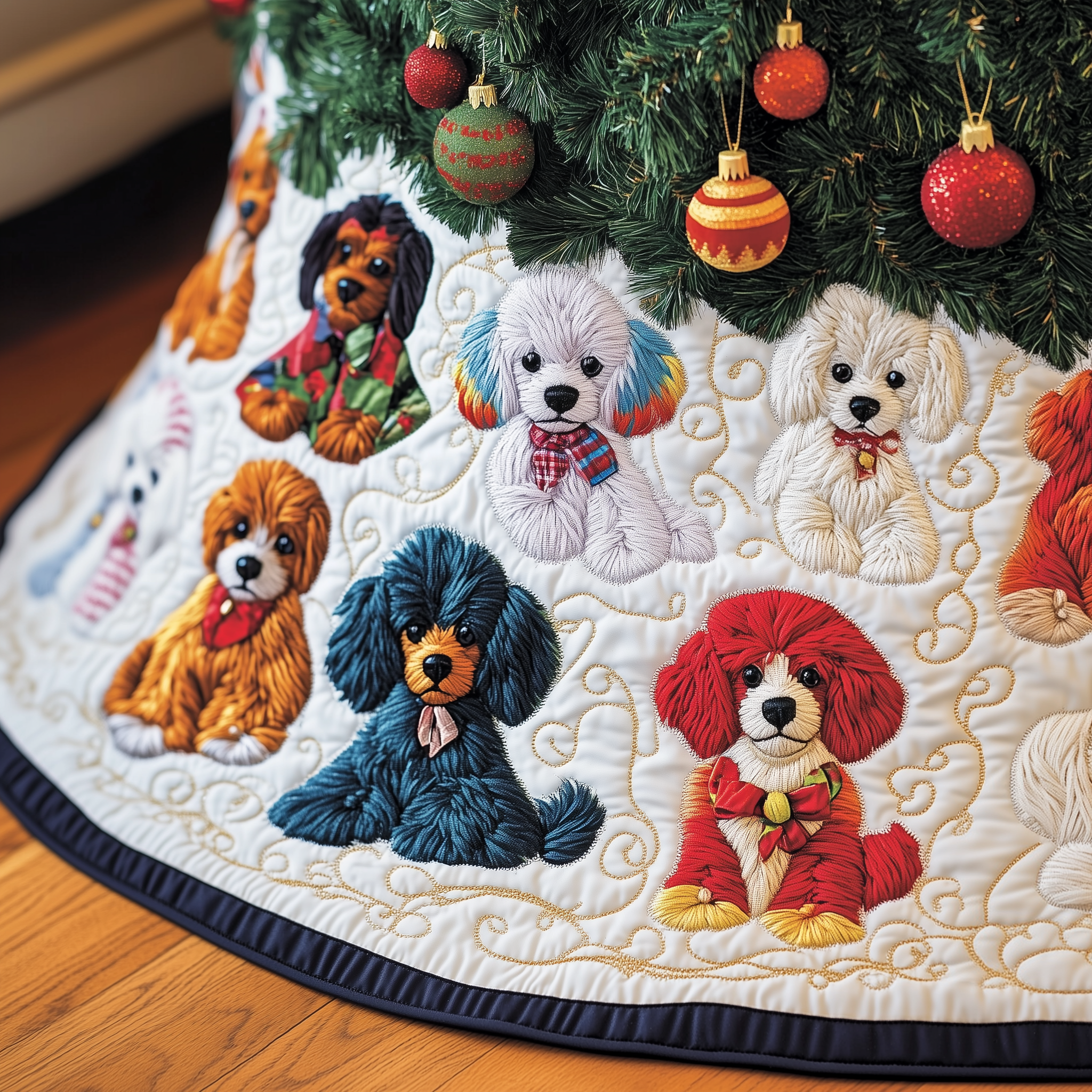 Lovely Quilted Dog Christmas Tree Skirt Cocker Spaniel Design Holiday Gift for Family