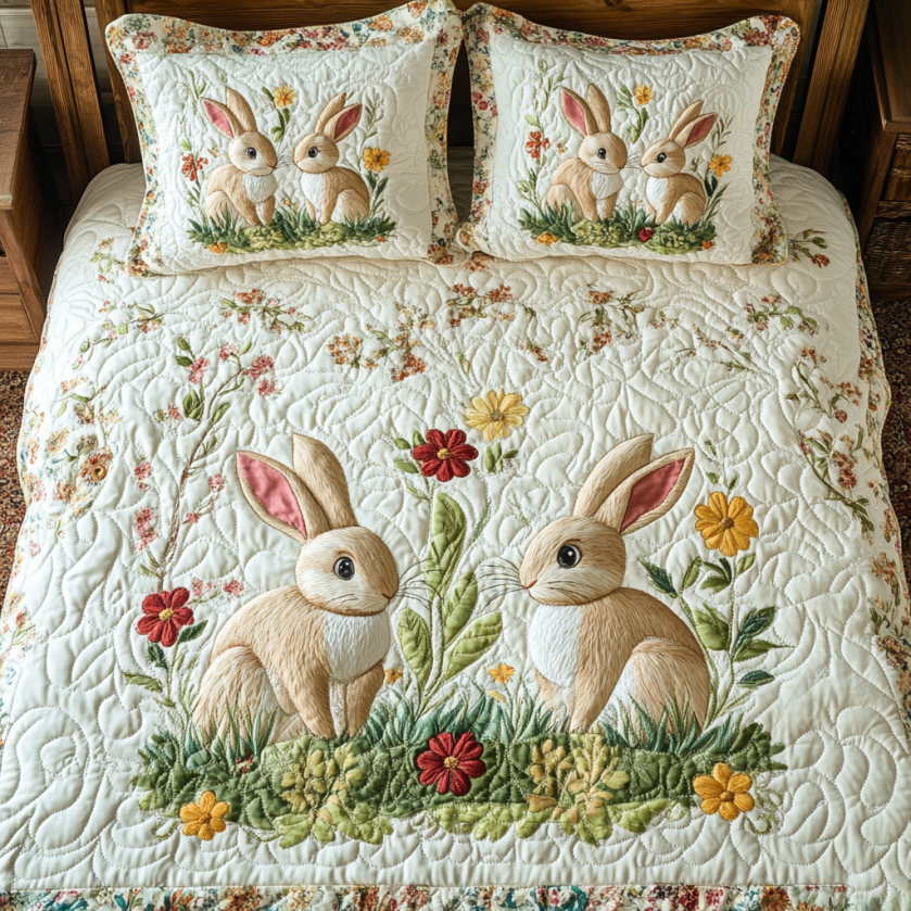 Lovely Rabbits Quilted Bedding Set Duvet Cover Bedspread Present Ideas For Her