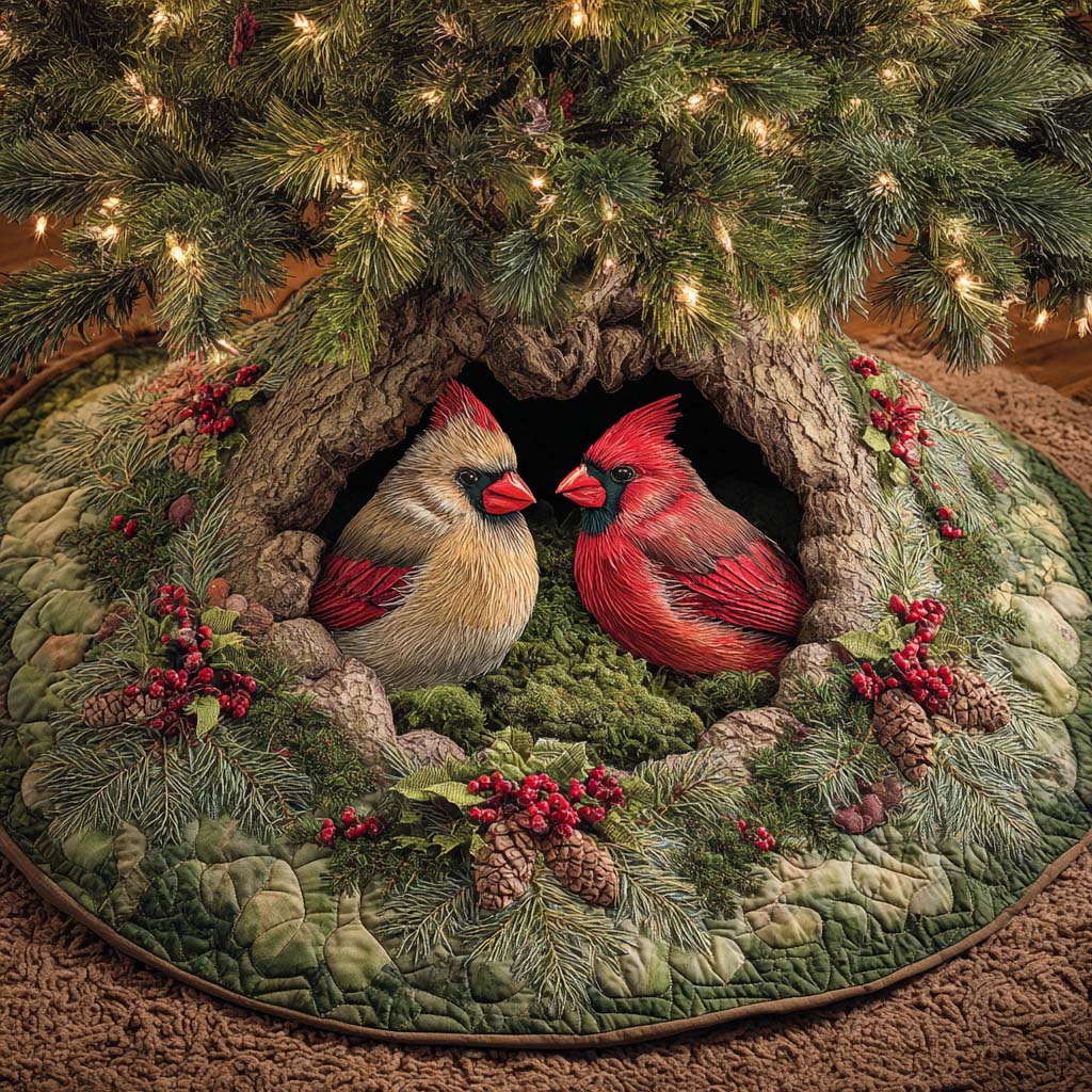 Lovers in the Snow Quilted Tree Skirt Xmas Tree Base Cover Cardinal Gifts For Her
