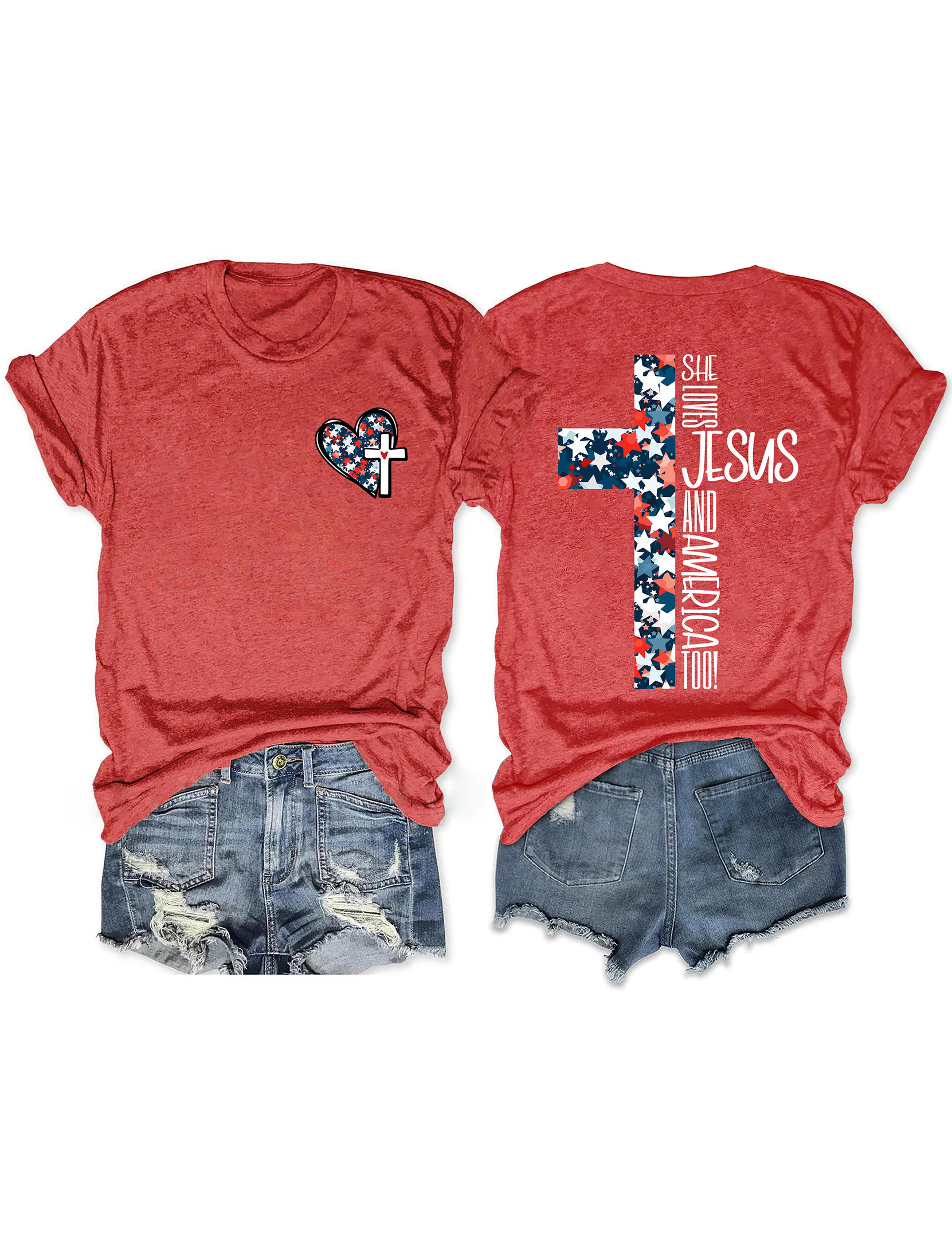 Loves Jesus And America T-Shirt Faith Cross Pattern Jesus Apparel Christian Related Gifts
