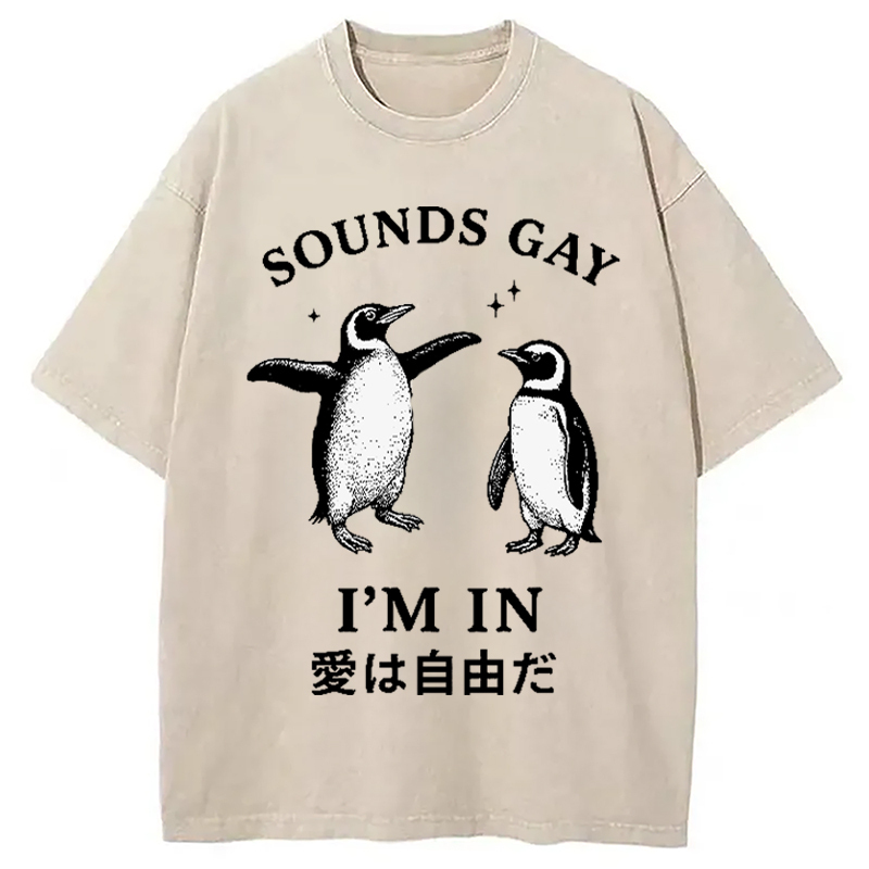 Loving And Free Penguins Washed T-Shirt Everyday Comfort Graphic Shirt Gifts For Friends