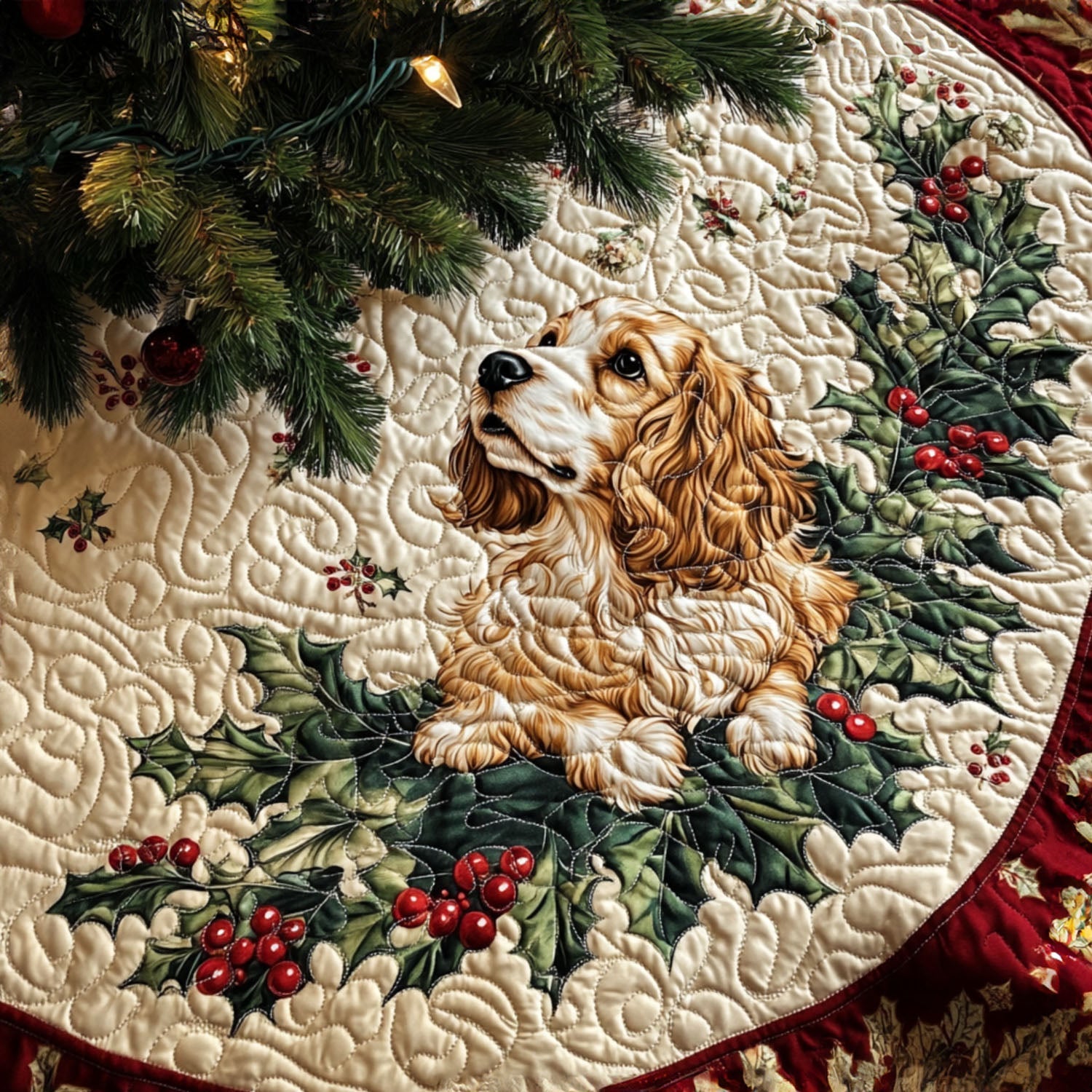 Loyal Spaniel Quilted Christmas Tree Skirt Holiday Party Decor for Home