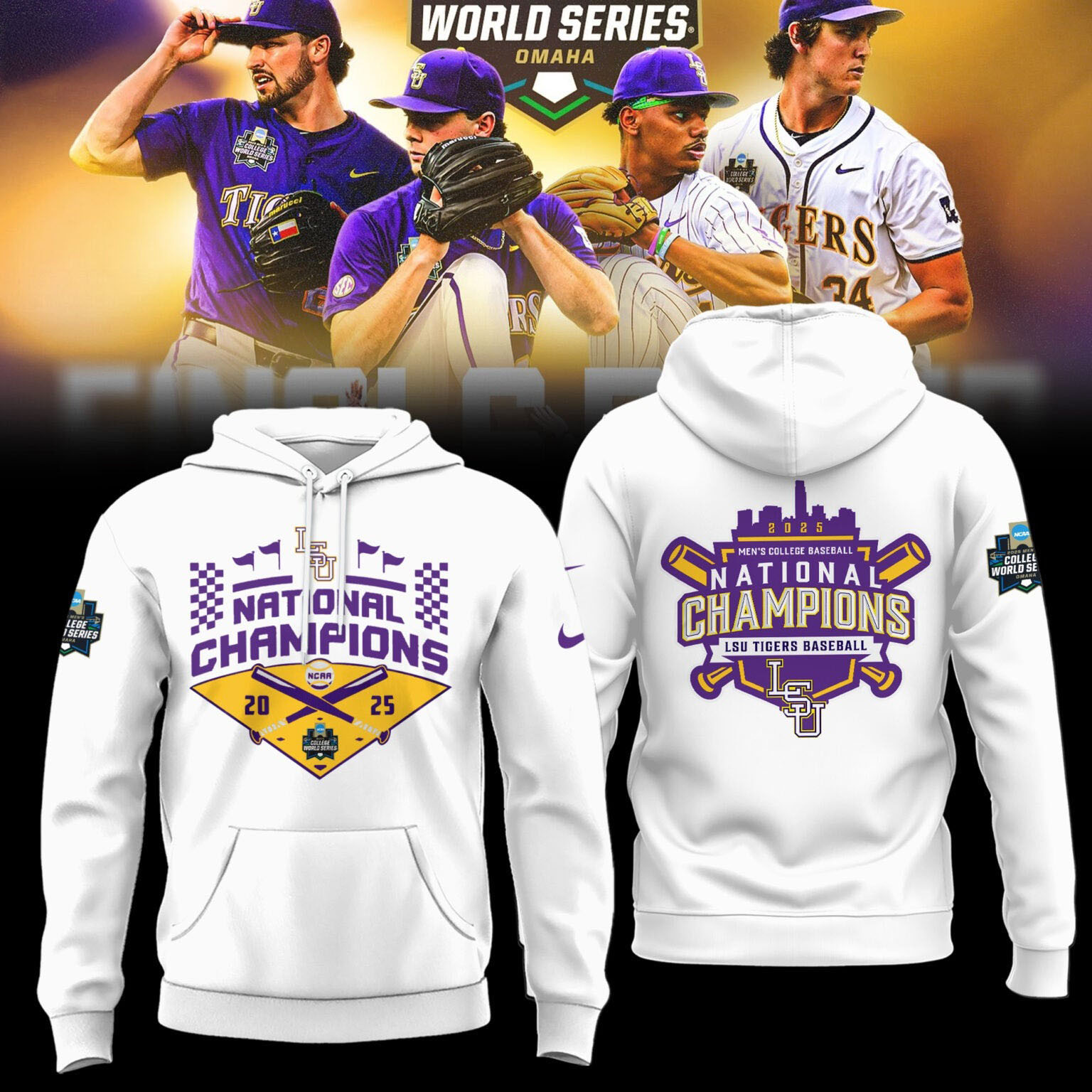 LSU Tigers 2025 NCAA Baseball Men's College World Series Champions White Hoodie Baseball Enthusiast Gifts