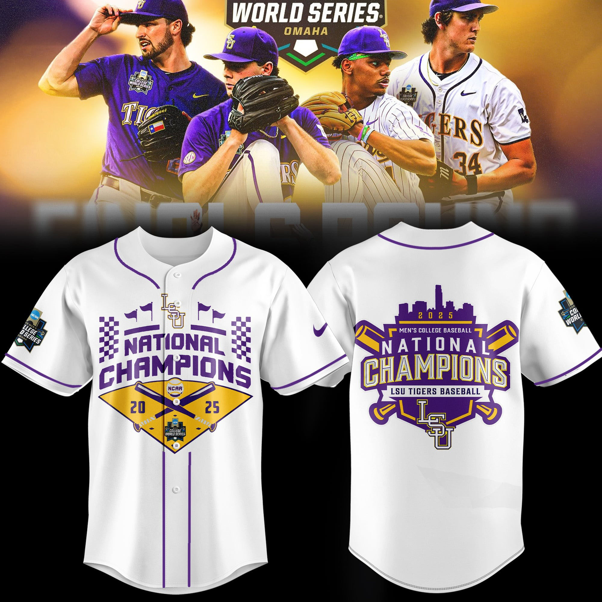 LSU Tigers 2025 NCAA Baseball Men's College World Series Champions White Jersey Baseball Enthusiast Gifts